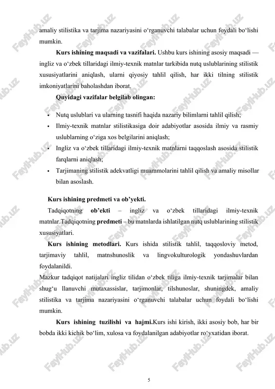 asiga doir adabiyotlar asosida ilmiy va rasmiy uslublarning o‘ziga xos belgilarini aniqlash; · ingliz va o‘zbek tillaridagi ilmiy-texnik matnlarni taqqoslash asosida stilistik farqlarni aniqlash; · tarjimaning stilistik adekvatligi muammolarini tahlil qilish va amaliy misollar bilan asoslash. kurs ishining predmeti va ob’yekti. tadqiqotning ob’ekti – ingliz va o‘zbek tillaridagi ilmiy-texnik matnlar.tadqiqotning predmeti – bu matnlarda ishlatilgan nutq uslublarining stilistik xususiyatlari. kurs ishining metodlari. kurs ishida stilistik tahlil, taqqosloviy metod, tarjimaviy tahlil, matnshunoslik va lingvokulturologik yondashuvlardan foydalanildi. mazkur tadqiqot natijalari ingliz tilidan o‘zbek tiliga ilmiy-texnik tarjimalar bilan shug‘u llanuvchi mutaxassislar, tarjimonlar, tilshunoslar, shuningdek, amaliy stilistika va tarjima nazariyasini o‘rganuvchi talabalar uchun foydali bo‘lishi mumkin. kurs ishining tuzilishi va hajmi.kurs ishi kirish, ikki asosiy bob, har bir bobda ikki kichik bo‘lim, xulosa va foydalanilgan adabiyotlar ro‘yxatidan iborat. i bob. ingliz va o‘zbek tillarida stilistik uslublarning nazariy asoslari 1.1 nutq uslubi tushunchasi va uning tasnifi til inson tafakkurining eng muhim vositasi bo‘lib, u turli …
