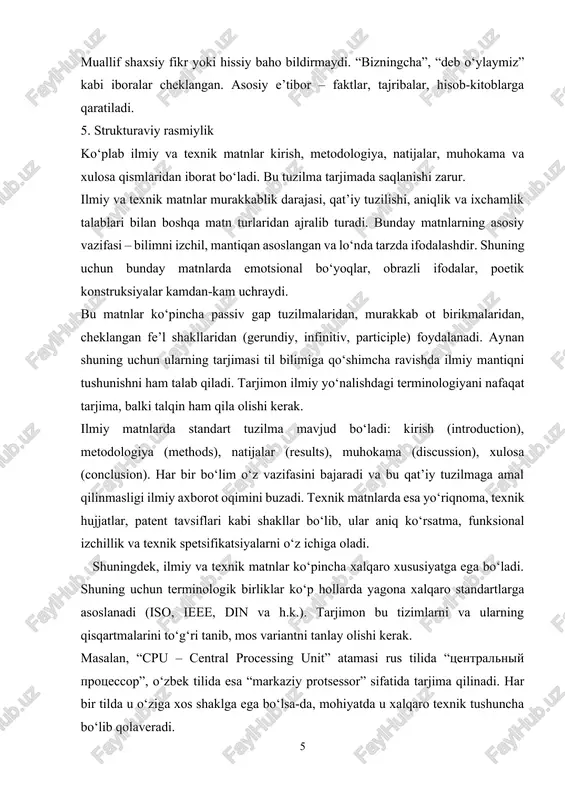 atni buzmaslik, asliyatdagi betaraflikni saqlash nihoyatda muhim. nihoyat, ilmiy va texnik matnlar ko‘pincha vizual materiallar – grafiklar, jadvallar, formulalar bilan birga keladi. tarjimon bu elementlarni ham o‘qiy olish va kerak bo‘lsa ularni izohlay olish qobiliyatiga ega bo‘lishi kerak. ayniqsa matematik formulalarda yoki kimyoviy reaksiyalarda ifoda bir ozgina o‘zgarsa, butun natija noto‘g‘ri chiqadi. 1.2. tarjimada aniqlikning ahamiyati tarjimon uchun ilmiy va texnik matnni tarjima qilishda aniqlik eng asosiy talablardan biridir. bu jarayonda nafaqat tilni bilish, balki ilmiy mantiqni tushunish, ixtisoslashtirilgan terminlarni to‘g‘ri qo‘llash, grammatik moslik va madaniy tafovutlarni inobatga olish talab qilinadi. aniqlik yetishmasligining salbiy oqibatlari: texnik xatoliklar – noto‘g‘ri tarjima muhandislik ishlarida nosozlikka olib keladi. noto‘g‘ri foydalanish – dori vositalari yoki uskunalarning noto‘g‘ri qo‘llanilishi. ilmiy xulosalarning buzilishi – natijalarning boshqa ma’noda tushunilishi. masalan: “the voltage must not exceed 220v.” agar bu jumla: “kuchlanish 220v bo‘lishi kerak” deb tarjima qilinsa – xato bo‘ladi, chunki u 220vdan oshmasligi kerak degan ma’noni bildiradi. …