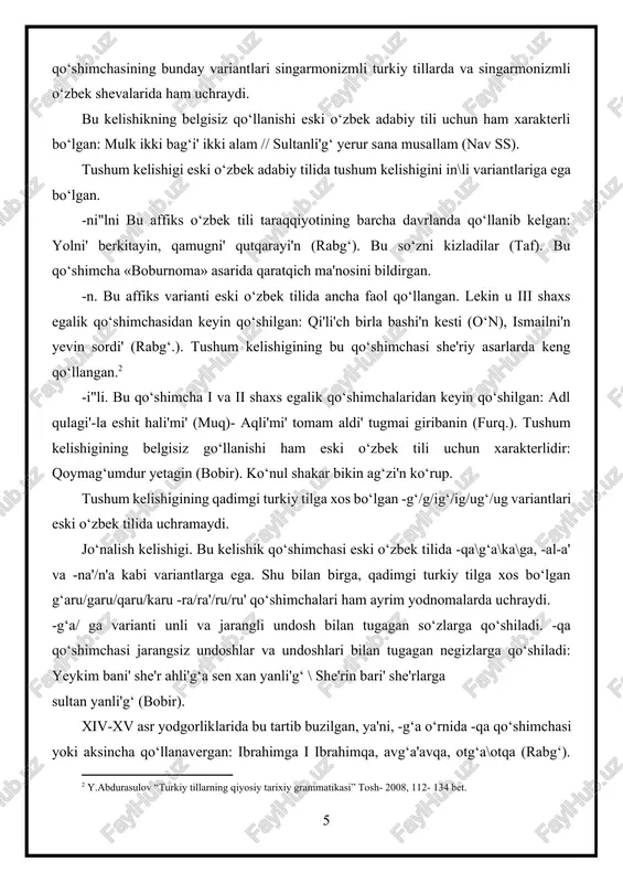 lar she'riy asarlari hamda prozaik asarlarda qo‘llangani holda, xv asr va undan keyingi davilarda asosan she'riy asarlarda uchraydi. bashlari'ni' qashi'ma yetkurunuz (shn). kel, taqi' yurtuna yega bol (sh tar). ne uchun avval o‘zuna ashna qildi'n meni (atoiy). ya rabb, ne ajab yari' jafakara yoluqtum\\ko‘zi-yu qashi' jadu-vu makkara yoluqtum (lutf). qadimgi turkiy tilga oid bo‘lgan -g‘arulgarulqarulkarutrulru' afikslari eski o‘zbek tilida o‘zining kelishik funksiyasini yo‘qotgan. ular keyinchalik eski o‘zbek tilida ham ravish yasovchilarga aylanib ketgan. qadimgi turkiy tilga oid bo‘lgan -ra'ra' affiksi «tafsir»da uchraydi: ya muhammad, tashra chi'q. biroq bu affiks ham keyinchalik ravish yasovchiga o‘nalish kelishigining belgisiz qo‘llanishi ham eski o‘zbek tili uchun xarakterli bo‘lgan. misollar: senki ul yan azimat yetkundur (nav ss). bir inisin yibarur boldi' hisar (sh n) o‘rin-payt kelishigi. bu kelishikni hosil qiladigan quyidagi affiks variantlan uchraydi: -da\da' jarangli undosh va unli bilan tugagan so‘zlarga qo‘shiladi: qayg‘uda za'f boldi' (rabg‘). -ta\ta' jarangsiz undosh bilan tugagan so‘zlarga q'shiladi. bu …