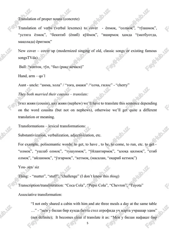 itional government, nonprepositional government, extra linguistic factors: difference in national mentality, lexemes connected with local realities, local coloring, purely national notions and terms (tandir, somsa, qiz uzatish, uloq) chapter 1 what is lexical transformation? lexical transformations change the semantic core of a translated word. they can be classified into the following groups: 1.lexical substitution, or putting one word in place of another. it often results from the different semantic structures of the source language and target language words. thus the word molodoy is not always translated as young; rather, it depends on its word combinability: molodoy kartofel is equal to new potatoes. this translation equivalent is predetermined by the word combination it is used in. this type of translation can hardly be called substitution, since it is a regular equivalent for this phrase. deliberate substitution as a translation technique can be of several subtypes: specification, or substituting words with a …