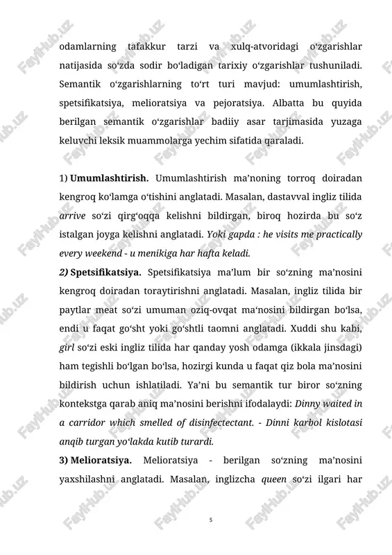 foydalanish mumkin: modulyatsiya (modulation) - tarjima jarayonida so‘zning yoki iboraning shaklini o‘zgartirmasdan, uning ma’nosini yoki ifoda usulini moslashtirish orqali adekvatlikni ta’minlovchi leksik transformatsiya turi. bu usul tarjimada aniq ekvivalent topilmaganda yoki tilda mavjud bo‘lgan ifoda uslubiga muvofiqlik yaratish maqsadida qo‘llaniladi. ushbu transformatsiya orqali ma’no burchagi o‘zgartiriladi (masalan, ijobiy yoki salbiy nuqtayi nazardan yondashish), ma’no umumlashtiriladi yoki aniqlashtiriladi, turli tildagi nutq odatlarini moslashtiradi: but outside it was raining - ko‘chada yomg‘ir yog‘ayotgandi. qisqa qilib aytganda, bu transformatsiya tarjimonning til sezgisi va ijodkorligiga bog‘liq bo‘lib, leksik muammolarni hal etishda muhim rol o‘ynaydi. differentiation – tarjima jarayonida umumiy ma’noga ega bo‘lgan so‘z yoki ibora o‘rniga mazmunan aniqroq, tor doiradagi ekvivalentni tanlash usuli. bu leksik transformatsiya orqali matnning aniqligi va tabiiyligi ta’minlanadi. ushbu transformatsiyasi tarjimaning aniq va tabiiy chiqishini ta’minlaydi. u umumiy so‘zlarni o‘zgartirib, tor doiradagi mos so‘z yoki iboralar bilan almashtirish orqali ma’noni aniqlashtirishga xizmat qiladi. kompensatsiya (compensation) – tarjimada ba’zi elementlarni asl …