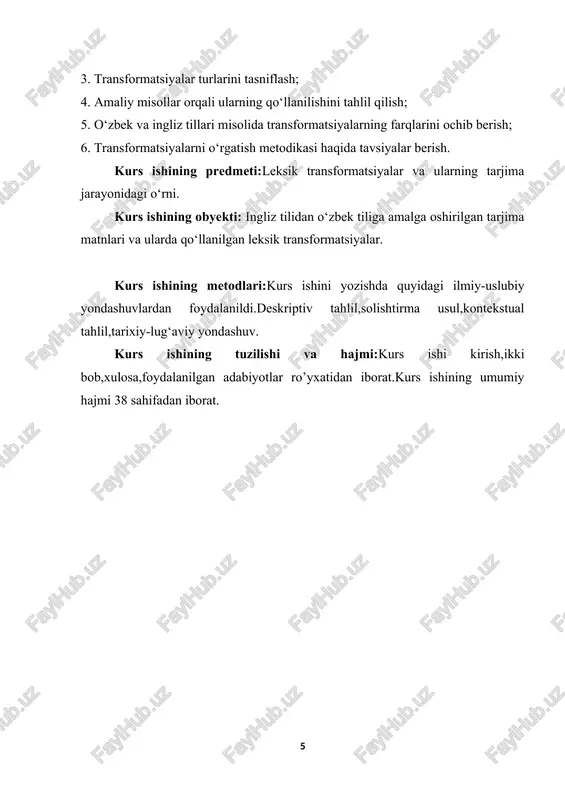 ansformatsiyalarning ahamiyati tarjima nazariyasida leksik transformatsiyalar muhim o‘rin egallaydi, chunki ular tarjima jarayonining asosiy vositalaridan biri hisoblanadi. har bir til o‘ziga xos lug‘at boyligi, semantik tizimi va stilistik xususiyatlariga ega bo‘lib, bu jihatlar tarjima vaqtida muayyan muammolarni keltirib chiqaradi. aynan shu muammolarni bartaraf etishda leksik transformatsiyalar — ya’ni so‘z va iboralarning ma’no jihatidan mos, lekin shakl jihatdan turlicha vositalar bilan ifodalash usullari — tarjimon uchun muhim vosita bo‘lib xizmat qiladi. bu transformatsiyalar tarjimonning ijodkorligini namoyon etishiga imkon beradi, chunki har bir tarjima holatida literal (so‘zma-so‘z) tarjima samara bermasligi mumkin. [footnoteref:4]masalan, ingliz tilidagi “kick the bucket” iborasi “o‘lish” degan ma’noni bildirsa, uni o‘zbek tiliga “chelakni tepmoq” tarzida tarjima qilish noo‘rin bo‘ladi. bu holatda leksik transformatsiyadan foydalanish zarur bo‘ladi. [4: shokirova, m. (2022). tarjimada umumlashtirish va aniqlashtirishning lingvistik mohiyati. — “philology. theory & practice” jurnalidan.] tarjimashunoslikda leksik transformatsiyalar matnning mazmunini, uslubini va konnotativ ma’nolarini boshqa tilga o‘tkazishda ma’no yo‘qotishsiz yoki minimal yo‘qotishlar …