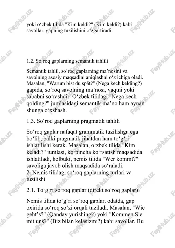 or, lekin savolni qabul qiluvchi tomondan bu turli kontekstda tushunilishi mumkin. semantik tafovutlar tarjimadagi noaniqliklarni keltirib chiqarishi mumkin, chunki har bir til o‘ziga xos semantik qatlamlarga ega. tarjimani aniq va to‘g‘ri qilish uchun, savolning maqsadi va kontekstini chuqur tushunish zarur. 4.3. pragmatik farqlar va tarjimaning madaniy moslashuvi pragmatik tahlil so‘roq gaplarning kontekstga mos ishlatilishini o‘z ichiga oladi. har bir til o‘zining pragmatik qoidalari bilan farqlanadi. masalan, nemis tilidagi „kommen sie mit uns?“ (biz bilan kelasizmi?) savolida rasmiylik va muloyimlik omili mavjud. o‘zbek tilida esa shunday savol „biz bilan kelasanmi?“ shaklida bo‘lishi mumkin, lekin uning rasmiyati so‘roqning tuzilishiga ta’sir qilmaydi. pragmatik farqlar tarjimaning madaniy moslashuvini talab qiladi. agar tarjimon nemis tilidagi rasmiylikni saqlab qolishi kerak bo‘lsa, o‘zbek tilida rasmiy so‘rovni ifodalash uchun boshqa usullardan foydalanish zarur. 4.4. to‘g‘ri va bilvosita so‘roq gaplarni tarjima qilishda yuzaga keladigan qiyinchiliklar nemis va o‘zbek tillaridagi to‘g‘ri va bilvosita so‘roq gaplarni tarjima qilishda muhim farqlar mavjud. …