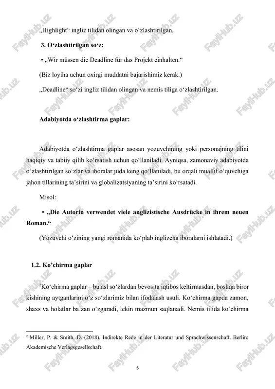 rligini aytdi.) zamon o‘zgarishi: to‘g‘ridan-to‘g‘ri gapda hozirgi zamon ishlatilgan bo‘lsa, ko‘chirma gapda o‘tmish zamon ishlatiladi. 2. shaxs o‘zgarishi: ko‘chirma gaplarda shaxslar ko‘pincha o‘zgaradi. to‘g‘ridan-to‘g‘ri gapda birinchi shaxs ishlatilgan bo‘lsa, ko‘chirma gapda bu o‘zgartiriladi. masalan: • o’zlashtirma gap: „ich werde morgen zur schule gehen“, sagte markus. (men ertaga maktabga boraman, dedi markus.) • ko‘chirma gap: markus sagte, dass er morgen zur schule gehen werde. (markus ertaga maktabga borishini aytdi.) shaxs o‘zgarishi: “ich” (men) shaxsini “er” (u, erkak) bilan almashtirish. 3. modal so‘zlar (schwache verben): ko‘chirma gapda ba’zida shartli fe’l yoki modallar ishlatiladi, masalan „wollte“, „würde“, „konnte“ va boshqa. masalan: • o’zlashtirma: „ich kann dir helfen“, sagte thomas. (men yordam bera olaman, dedi tomas.) • ko‘chirma gap: thomas sagte, dass er mir helfen könne. (tomas menga yordam bera olishlarini aytdi.) 4. so‘z va ma’no qisqartirilishi: [footnoteref:3]ko‘chirma gapda ba’zan ba’zi so‘zlar qisqartiriladi, xususan, agar ular redundant (ortiqcha) bo‘lsa. bu gapni qisqartiradi va oddiylashtiradi, …