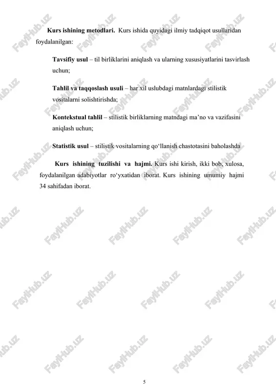 , og‘zaki so‘zlashuv uslublari va ularning o‘ziga xos xususiyatlari. · ekspressivlik va emotsionallik – til vositalarining hissiy-ta’sirchanligi, obrazlilik darajasi va uslubiy bo‘yoqlar orqali ma’no kuchaytirilishi. · muallif uslubi – adib yoki yozuvchining o‘ziga xos til ishlatish xususiyatlari, tildan individual foydalanish uslubi. stilistik tadqiqotlar til tizimining estetik va ekspressiv qirralarini chuqur o‘rganish orqali tilning madaniy va ijtimoiy funksiyalarini yoritadi. 3. stilistikaning asosiy tarmoqlari stilistikada bir nechta asosiy tarmoqlar mavjud bo‘lib, har biri turli yondashuv va tadqiqot obyektlariga ega: a) til (yoki lingvistik) stilistikasi til birliklarining uslubiy xususiyatlarini o‘rganadi. bu tarmoqda til vositalarining uslubiy qatlamlari, ya’ni ular qanday holatda, qanday vazifada ishlatilishi o‘rganiladi. til stilistikasi quyidagilarga bo‘linadi: · fonetik stilistika – tovush vositalarining ekspressivligi (alliteratsiya, assonans, onomatopeya va h.k.). · leksik stilistika – so‘z boyligining uslubiy tasnifi (emotsional, ekspressiv so‘zlar; so‘zlarning uslubiy bo‘yoqlari). · grammatik stilistika – morfologik va sintaktik birliklarning uslubiy imkoniyatlarini tahlil qiladi. b) nutq (yoki funksional) stilistikasi tilning turli …