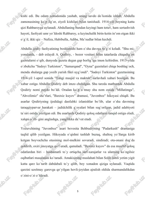 adoyi turkiston", "samarqand", "oyna" gazetalari chiqa boshlag`och, menda shularga gap yozib yurish fikri uyg’ondi". "sadoyi turkiston" gazetasining 1914-yil 1-aprel sonida "yangi masjid va maktab" sarlavhali xabari bosilgan. bu xabar ostiga abdulla qodiriy deb imzo chekilgan. shu tarzda matbuotda abdulla qodiriy nomi paydo bo`ldi. oradan ko`p o`tmay shu nom ostida "millatimga", "ahvolimiz" she’rlari, "baxtsiz kuyov" dramasi, "juvonboz" hikoyasi chiqdi. bu asarlar qodiriyning ijodidagi dastlabki izlanishlar bo`lib, ular o`sha davrning taraqqiyparvar harakati – jadidchilik g`oyalari bilan sug`orilgan, jadid adabiyoti ta`siri ostida yozilgan edi. bu asarlarda qodiriy qoloq odatlarni tanqid ostiga oladi, xalqni o`zli- gini anglashga, yangilikka da’vat etadi. yozuvchining "juvonboz" asari bevosita behbudiyning "padarkush" dramasiga taqlid qilib yozilgan. hikoyada o`qishni tashlab buzuq, shaltoq yo`llarga kirib ketgan boyvachcha otasining mol-mulkini sovuradi, sindiradi; ota-onani dog`da qoldirib, oxiri jinoyatga qo`l uradi, qamaladi. "baxtsiz kuyov" da esa muallif qoloq odatlardan biri – hashamatli to`y ortiqcha sarf-xarajatlar va ularning ko`ngilsiz oqibatlari masalasini ko`taradi. amakisining maslahati bilan solih …