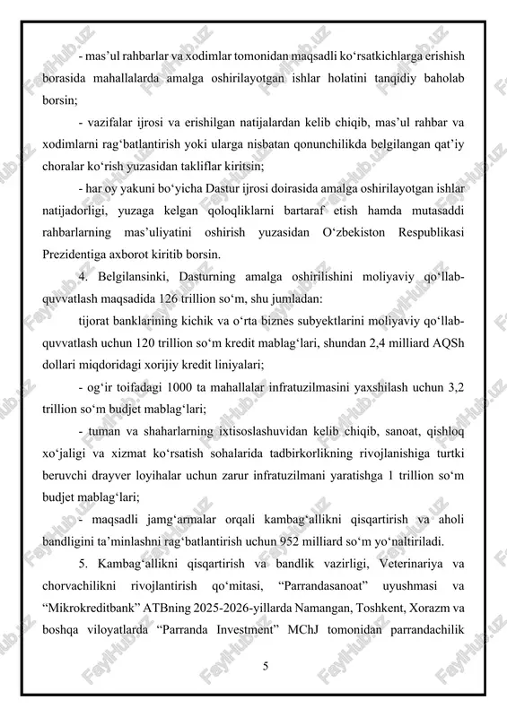 uchun 50 million aqsh dollari miqdoridagi mablag‘larni “mikrokreditbank” atbning ustav kapitalini oshirishga yo‘naltirsin. kambag‘allikni qisqartirish va bandlik vazirligi (b. zaxidov), veterinariya va chorvachilikni rivojlantirish qo‘mitasi (b. norqobilov), “parrandasanoat” uyushmasi (o. butayev) bir oy muddatda kooperatsiya asosida kichik parrandachilik xo‘jaliklarini tashkil etish tartibini nazarda tutuvchi qaror loyihasini vazirlar mahkamasiga kiritsin. 6. ekologiya, atrof-muhitni muhofaza qilish va iqlim o‘zgarishi vazirligi (a. abduxakimov) qoraqalpog‘iston respublikasi vazirlar kengashi, viloyatlar va toshkent shahri hokimliklari bilan birgalikda 2025-yilda kambag‘al oila a’zolarini jalb etgan holda: 6-ilovaga muvofiq 20 ming gektar o‘rmon fondi yerlarida sanoatbop, manzarali va mevali daraxt turlaridan iborat o‘rmonlar barpo etish, ko‘chatxonalar tashkil etish va dorivor o‘simliklar yetishtirish loyihalarini amalga oshirsin. bunda kambag‘al oila a’zolariga mazkur yer uchastkalarida o‘z ehtiyojlari uchun sabzavot, poliz va boshqa qishloq xo‘jaligi mahsulotlarini yetishtirishga ruxsat etiladi; 7-ilovaga muvofiq jami 100 gektar yer uchastkalarida brussonetiya daraxtini yetishtirish bo‘yicha pilot loyihalarni amalga oshirsin. bunda tuproq-iqlim sharoitidan kelib chiqib, kelgusi yillarda respublikaning boshqa …