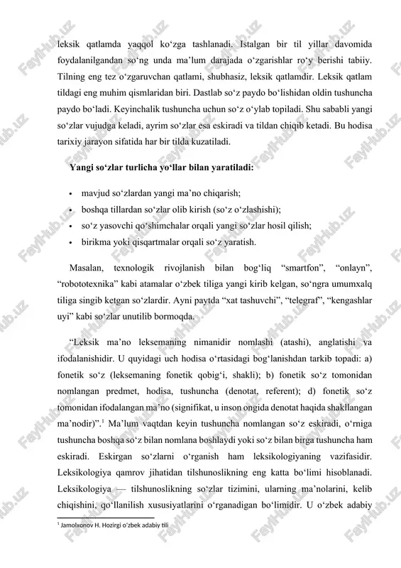 n leksikologiya faqatgina so‘zlarni o‘rganibgina qolmay, balki ularning semantik (ma’no) jihatlarini ham chuqur tahlil qiladi. 1.4.leksik ma’noning taraqqiy topishi leksik ma’no haqida ustoz hasanxon jamolxonov o‘z kitobida aniq dalillar va misollar beradi. “so‘zning leksik ma’nosi qotib qolgan, o‘zgarmas ma’no emas, u ancah barqaror bo‘lsa-da, ma’lum omillar ta’sirida, uzoq yillar davomida o‘zgarishi mumkin. bunday o‘zharishlarga sabab bo‘ladigam omillar ikki xildir: 1) ekstralingvistik (nolisoniy) omillar – ijtimoiy-iqtisodiy hayot, ong, tafakkur rivoji va b.lar. masalan, oyoq so‘zi dastlab inson a’zolaridan birini nomlagan, keyinchalik u xontaxta, kursi, stol, stul, karovat kabi mebellarning “oyog‘i”ni ham atay boshlagan: xontaxtaning oyog‘i, kursining oyog‘i, stolning oyog‘i, karovatning oyog‘i kabi. bunga inson yashab turgan muhitda turli-tuman mebel-jihozlarning paydo bo‘lganligi, shu bilan bog‘liq ravishda inson ongida yangi tasavvurlarning yuzaga kelganligi, nihoyat, til bilan ijtimoiy hayot, ong va tafakkur o‘rtasidagi murakkab aloqalar sabab bo‘lgan; 2) lingvistik (lisoniy) omillar – til birliklarining til sistemasi ichidagi munosabatlari. masalan, tilning lug‘at boyligidagi aniq va …