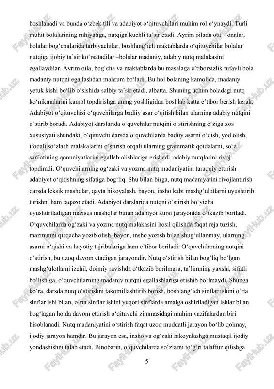 q madaniyatini rivojlantirishning asosiy omillaridan biri maktabda barcha fan o‘qituvchilarining o‘quvchilar nutqini muntazam kuzatib borishlaridan iboratdir. tabiiyki,bu ish boshlang‘ich sinfdan boshlanadi va bunda o‘zbek tili va adabiyot o‘qituvchilari muhim rol o‘ynaydi. turli muhit bolalarining ruhiyatiga, nutqiga kuchli ta’sir etadi. ayrim oilada ota – onalar, bolalar bog‘chalarida tarbiyachilar, boshlang‘ich maktablarda o‘qituvchilar bolalar nutqiga ijobiy ta’sir ko‘rsatadilar –bolalar madaniy, adabiy nutq malakasini egallaydilar. ayrim oila, bog‘cha va maktablarda bu masalaga e’tiborsizlik tufayli bola madaniy nutqni egallashdan mahrum bo‘ladi. bu hol bolaning kamolida, madaniy yetuk kishi bo‘lib o‘sishida salbiy ta’sir etadi, albatta. shuning uchun boladagi nutq ko‘nikmalarini kamol topdirishga uning yoshligidan boshlab katta e’tibor berish kerak. adabiyot o‘qituvchisi o‘quvchilarga badiiy asar o‘qitish bilan ularning adabiy nutqini o‘stirib boradi. adabiyot darslarida o‘quvchilar nutqini o‘stirishning o‘ziga xos xususiyati shundaki, o‘qituvchi darsda o‘quvchilarda badiiy asarni o‘qish, yod olish, ifodali so‘zlash malakalarini o‘stirish orqali ularning grammatik qoidalarni, so‘z san’atining qonuniyatlarini egallab olishlariga erishadi, adabiy nutqlarini rivoj topdiradi. …
