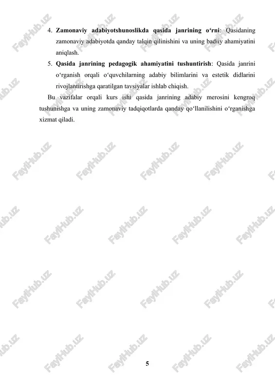 va uning asosiy vazifasi maqtov, madhiyah (ovoz chiqarish), vasf (tasvir) va ba’zan didaktik (oʻrgatish) maqsadlarida yozilgan edi. qasidalar odatda jasorat, qahramonlik, goʻzallik, tabiat tasvirlari va urushlar haqida boʻlgan. jahiliyya she’riyatidagi qasidalarda koʻplab an’analarga asoslangan badiiy vositalar, masalan, tasvirlar, metaforalar va aliteratsiya (soʻz takrorlash) ishlatilgan. qasidaning asosiy strukturasi, ya’ni “nasib” ( gʻazal tarzida yozilgan boshlangʻich qism), “madhiya” (shoʻrlikning yuksaltirilishi) va “xotima” (yakun) qismlari jahiliyya davridan boshlab shakllana boshladi. islom davrining boshlanishi bilan qasida janri yangi uslublar va mazmun bilan boyidi. musulmonlar davlatining kengayishi, uning siyosiy va madaniy hayoti qasidalar orqali ifodalandi. bu davrda qasida shoirlari, masalan, imru’ al-qays, jarir, farazdaq kabi shoirlar tomonidan yaratilgan asarlar oʻzining badiiy mukammalligi bilan tanilgan. islom davrida qasida janri nafaqat maqtov va vasf, balki diniy va axloqiy mazmunlarni ham oʻz ichiga oldi. masalan, muhammad sallallohu alayhi vasallamning sha’nini ulugʻlash, ular bilan bogʻliq qissalar va ularning qahramonligini madh etish uchun qasidalardan foydalanildi.[footnoteref:1] [1: alisher navoiy. divan. – …