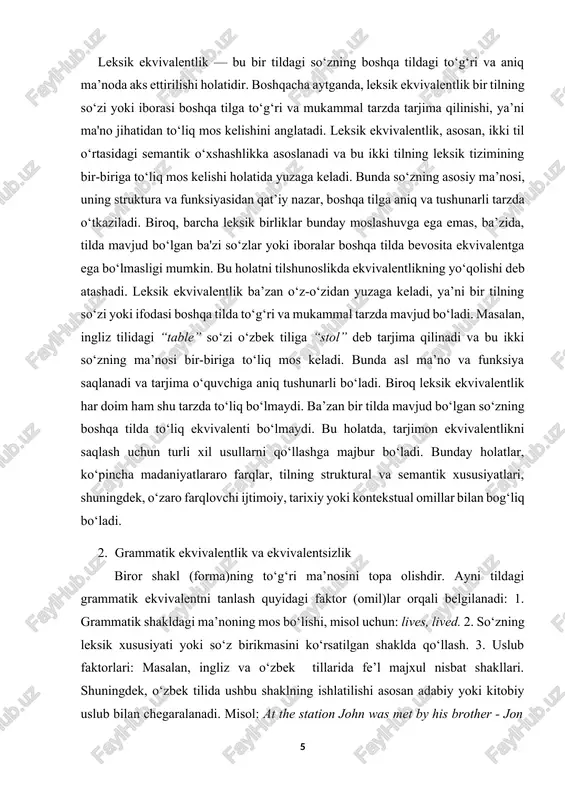 kutib olindi. aniq artikl ko‘p hollarda gapda so‘zning ma’nosini kuchaytirish vositasi sifatida qo‘llaniladi. shuning uchun uning orttirma daraja ma’nosi bor va u orttirma darajadagi sifat orqali tarjima qilinadi. he continued to be in general estimation the english story-teller - ko‘pchilikning fikricha, u eng ulug‘ ingliz yozuvchisi edi. bog‘lovchilarni tarjima qilishda ko‘p qiyinchiliklarga duch kelamiz. bog‘lovchilar juda keng sistematik tuzilishga ega. “and” bog‘lovchisi o‘zbek tilidagi “va” bog‘lovchisini ifodalaydi. ammo bu bog‘lovchi buning aksini ham ifodalashi mumkin va hattoki voz kechish (rad qilish) ma’nosini ham beradi. misol uchun: the rebels seized general towns and were defeated and their leader, pedro albizi compos was arrested after a sharp struggle - qo‘zg‘olonchilar nafaqat shaharlarni ishg‘ol qilishdi, balki ularni yakson qilishdi, ularning yetakchisi pedro albizi kampos esa shiddatli janglardan so‘ng qamoqqa olindi. agar siz ingliz tili lug‘atiga murojaat qilsangiz, u “tarjima qiimoqchi” so‘zining ma’nosini bir tildagi so‘zning ma’no yoki ekvivalentini boshqa bir tildagisiga o‘zgartirish, yoki …