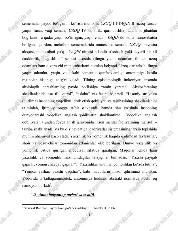 onimik juftlik (undagi har bir so‘z— mustaqil leksema). katta-kichik – bitta juft so‘z, u umumlashgan bitta ma’noga ega. demak, katta va kichik zid ma’noli ikkita leksema bo‘lganligi uchun ular bir-biriga nisbatan antonimdir. katta-kichik juft so‘zi esa antonimlar ishtirokida yasalgan bitta leksemadir. binobarin, bitta leksemaning yolg‘iz o’zi antonim hisoblanmaydi. shuningdek, bor va borma kabi so‘z shakllari ham antonimlar deb qaralmaydi. chunki, antonim bo‘lish uchun yuqorida aytib o‘tilgandek, albatta ikkita so‘z (leksema) mavjud bo‘lishi , bu ikki so‘z o‘zaro zid ma’no ifodalashi shart. bor va borma esa ikkita leksema emas balki, bitta bor leksemaning (fe’lning) bo‘lishli va bo‘lishsiz shakllari bor va borma tarzida ifodalangan holati hisoblanadi, xolos. demak, bunda ham antonimik juftlik yo‘q. leksik antonimiya leksemalarning bir-biriga zid ma’no anglatishi asosida guruhlanishidir: oq va qora, qalin va yupqa kabi. antonimiya hodisasi, asosan, bir so‘z turkumi leksemalari doirasida yuz beradi. sifatlarda: a) hajm belgisiga ko‘ra: katta va kichik, baland va past: b) harorat …