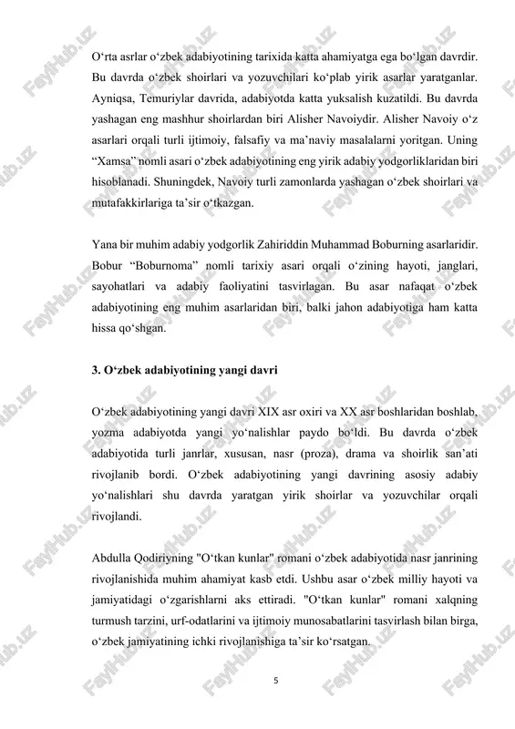 qiziqarli, balki ta’limiy ahamiyatga ega bo‘lgan. 4. zamonaviy o‘zbek adabiyoti zamonaviy o‘zbek adabiyoti xx asrning o‘rtalaridan boshlab o‘zining yangi shakllarini ishlab chiqdi. o‘zbek adabiyotida sosialistik realizm yo‘nalishidan tashqari, postmodernizm, realistizm va boshqa adabiy yo‘nalishlar ham rivojlandi. yangi yozuvchilar jamiyatdagi o‘zgarishlarni aks ettirib, ijodkorlik va adabiyotdagi yangi uslublarni sinab ko‘rishdi. o‘zbek adabiyotida yosh avlod o‘zining yangi qarashlari bilan alohida o‘rin tutadi. zamonaviy adabiyotda o‘zbek shoirlari va yozuvchilari ijtimoiy adolat, jamiyatdagi o‘zgarishlar, insonning o‘z-o‘zini anglash va axloqiy qadriyatlarni o‘z asarlarida yoritmoqdalar. 5. o‘zbek adabiyotining janrlari o‘zbek adabiyotida ko‘plab janrlar mavjud. ularning eng mashhurlaridan ba’zilarini quyidagicha ajratish mumkin: poema va dostonlar: o‘zbek adabiyotida xalq dostonlari katta o‘rin tutadi. ular o‘zbek xalqining tarixiy xotirasini saqlab qolishga yordam beradi. romanni: o‘zbek adabiyotining rivojlanishida roman janri muhim o‘rin tutadi. bu janrda o‘zbekistonning ijtimoiy va siyosiy hayoti, odamlarning o‘zaro munosabatlari tasvirlangan. she’r va poeziya: o‘zbek adabiyotida she’riyat an’anaviy ravishda katta ahamiyatga ega bo‘lgan. she’rlar orqali ijodkorlar o‘z …