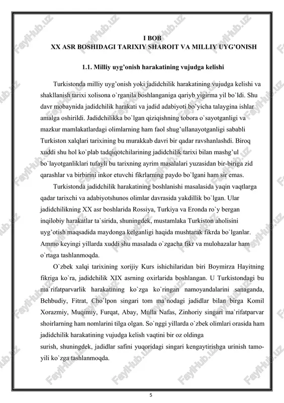 chi" deb atalishi bo`lsa, ikkinchidan, avloniyning 1904-yildan boshlab jadidlar to`dasida ishlay boshlashi, uchinchidan esa, "jadid maktabi"ni ochishidir. 1 abduazizova n.a. turkiston matbuoti tarixi(1870-1917.t.:akademiya.2000,238-b agar hozircha shu uch muhim unsurni jadidchilikning asosiy belgilari sifatida qabul qilsak, komil xorazmiy, muqimiy va furqatlarning faoliyatida bu belgilardan birortasining nish urmaganini ko`ramiz. zero, ular bilan m.behbudiy avlodi oldiga tarix va zamon tomonidan qo`yilgan vazifalar mutlaqo boshqaboshqadir. agar abdulla avloniyning 1878-yili tug’ilgani va o`zbek jadidchilik harakatining otasi hisoblangan mahmudxo`ja behbudiydan boryo`g’i uch yoshga kichik ekanligini e`tiborga olsak, uning jadid yozuvchilarning to`ng’ich bo`g’iniga mansubligi ma`lum bo`ladiqoladi. demak, u 1900-1904-yillar oralig’ida "tarjimon" gazetasini o`qib, zamondan xabardor bo`lgan va jadidlar to`dasida ishlay boshlagan. jadidlar bilan qadimlar yoxud qadimchilar o`rtasidagi kurash ham xuddi shu davrda boshlangan. a. avloniydan o`n bir yosh kichik bo`lgan hamzaning "tarjimon" singari davrning taraqqiyparvar gazetalari bilan tanishuvi esa, 19071908--yillarda boshlangan. uning tarjimai holida bu haqda quyidagi so`zlarni o`qiymiz: "1907- yili, otam hajga ketishi munosabati bilan, birga …