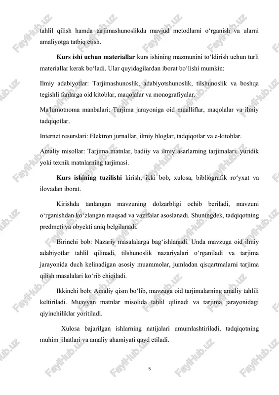 noslik nazariyalari o‘rganiladi va tarjima jarayonida duch kelinadigan asosiy muammolar, jumladan qisqartmalarni tarjima qilish masalalari ko‘rib chiqiladi. ikkinchi bob: amaliy qism bo‘lib, mavzuga oid tarjimalarning amaliy tahlili keltiriladi. muayyan matnlar misolida tahlil qilinadi va tarjima jarayonidagi qiyinchiliklar yoritiladi. xulosa bajarilgan ishlarning natijalari umumlashtiriladi, tadqiqotning muhim jihatlari va amaliy ahamiyati qayd etiladi. i bob. badiy asar tarjimasida mazmun va shakl muvofiqligi 1.1.badiiy tarjimada mazmun va shaklning uyg‘unligi nazariy asoslari badiiy tarjima – bu badiiy asarning mazmuni va shaklini boshqa bir tilga ko‘chirish jarayoni bo‘lib, u original asarning estetik va madaniy qadriyatlarini saqlab qolishni talab qiladi. bu jarayonda tarjimon nafaqat so‘zlarni, balki ularning ma’nosi, ohangi, uslubi va muallifning ijodiy g‘oyalarini ham boshqa tilga o‘tkazishi kerak. shu sababli, mazmun va shaklning uyg‘unligi badiiy tarjimaning eng muhim masalalaridan biri hisoblanadi. bu nazariya badiiy tarjimaning qator nazariy va amaliy tamoyillariga asoslanadi mazmun va shakl bir-birini to‘ldiruvchi tushunchalar bo‘lib, ular badiiy asarning uzviy qismlaridir. mazmun deganda, …