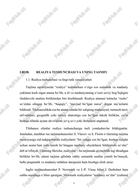olda izoh bilan berish tavsiya etiladi: “a traditional uzbek ceremony held to name a newborn child”. realiyalar madaniyat, tarix, urf-odat, ijtimoiy tizim, geografik joylashuv bilan chambarchas bog‘langan bo‘lib, ularni tarjima qilishda faqat lug‘aviy emas, balki kontekstual va pragmatik jihatlar ham e’tiborga olinadi. shu jihatdan qaraganda, realiyalar tarjimon uchun katta mas’uliyat talab qiladi. ular tilning nafaqat semantik, balki madaniy qatlamini tashkil qiladi va o‘quvchining boshqa xalq madaniyatini anglashiga xizmat qiladi. realiyalar tarjimada o‘ziga xos to‘siq yoki sinov sifatida namoyon bo‘lishi mumkin. ammo ularning mazmunini to‘g‘ri tushunib, tegishli uslubda tarjima qilinadigan bo‘lsa, matn o‘zining madaniy boyligini saqlab qoladi. shuningdek, realiyalarni anglash va tarjima qilish – bu tarjimonning nafaqat lingvistik bilimini, balki madaniy savodxonligini ham sinovdan o‘tkazadi. shu sababli, har qanday tarjima jarayonida realiyalarni aniqlash, ularning turini belgilash va mos tarjima strategiyasini tanlash muhim ahamiyatga ega. geografik realiyalar – bu muayyan xalq yoki hududga xos bo‘lgan tabiiy obyektlar, yer nomlari, daryolar, tog‘lar, ko‘llar, …