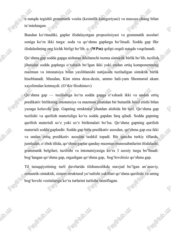 dagi komponentlar o‘zaro biriktiruv, ayiruv, zidlov munosabatlarini ifodalovchi teng bog‘lovchilar, bog‘lovchi vazifasidagi -u, -yu, -da yuklamalari vositasida bog‘lanadi. bog‘lovchilar qismlarini bog‘labgina qolmay, ular orasidagi turli munosabatlarni ham namoyon etadi: va, hamda, ham biriktiruv bog‘lovchilari ko‘pincha ketma-ket bir vaqtda bo‘ladigan voqeani; lekin, ammo, biroq kabi bog‘lovchilar zidlik munosabatini; goh, dam, ba’zan kabi bog‘lovchilar ketma-ket keladigan harakatlarni; yo (yoki) bog‘lovchisi birdan ortiq voqealardan birinigina yuzaga kelishini; bo‘lsa, esa bog‘lovchilari chog‘ishtirish mazmunini ifodalaydi.[footnoteref:3] [3: g‘ulomov. a.g‘, asqarova. m.a. hozirgi o‘zbek adabiy tili. toshkent: o‘qituvchi nashriyoti, 1965. – 199-240 b ] bog‘langan qo‘shma gap tarkibidagi komponentlarni alohida-alohida olib qaralganda, ularning har biri mustaqil fikr anglatadigan gapga tengday ko‘rinadi, lekin ulardagi fikr tugalligi qo‘shma gap tarkibidagina, shu butunlik orqaligina anglashiladi. shu jihatdan bunday komponentlarni mazmunan nisbiy mustaqillikka ega deyish to‘g‘riroqdir. masalan, yo‘lchi boshini solib jim o‘tirdi, ammo cholning yalinishi, savdogarlarning oyoq tirab turishi yigitning g‘azabini oshira boshladi. (o) biriktiruv bog‘lovchili bog‘langan qo‘shma gaplar va bog‘lovchisi …