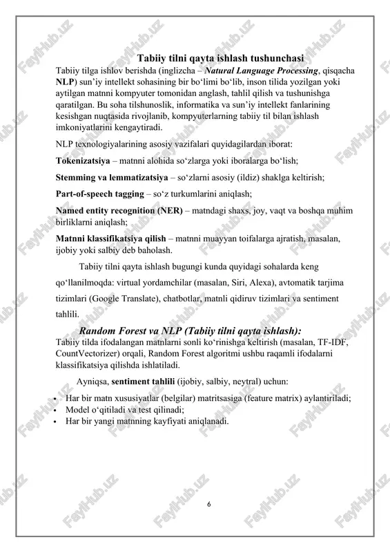 (garchi bu vazifa uchun odatda sekvential model ko‘proq ishlatilsa-da). sentiment tahlilida random forest algoritmidan foydalanish sentiment tahlilining mohiyati sentiment tahlili — bu natural tildagi matnlarda ifodalangan “kayfiyat (emotsional ohang)”ni aniqlashga qaratilgan amaliyotdir. u asosan uchta asosiy holatga ajratiladi: · ijobiy (pozitiv) · salbiy (negativ) · neytral bu tahlil foydalanuvchi fikrlarini o‘rganish, mahsulot sharhlarini tahlil qilish, ijtimoiy tarmoqdagi kayfiyat monitoringi, marketing strategiyalarini tuzish kabi ko‘plab sohalarda qo‘llaniladi. random forestning sentiment tahliliga mosligi random forest algoritmi matn klassifikatsiyasi uchun juda mos algoritmdir. ayniqsa, matnni raqamli xususiyatlar vektoriga aylantirib, bu xususiyatlar asosida kayfiyatni aniqlash vazifasida yuqori aniqlikka ega bo‘ladi. u quyidagi sabablarga ko‘ra sentiment tahlilida foydalidir: · overfittingga kam moyillik: katta hajmdagi matnlarda model haddan tashqari o‘rganib qolmaydi. · barqarorlik: turli mavzulardagi matnlar ustida o‘qitilgan model yaxshi umumlashtira oladi. · muvozanatsiz toifalarda ishlash qobiliyati: ayrim toifalar kamroq namunalarga ega bo‘lsa ham, random forest ularni tasniflashda muvozanatni saqlaydi. amaliy bosqichlar: sentiment tahlilini random forest …