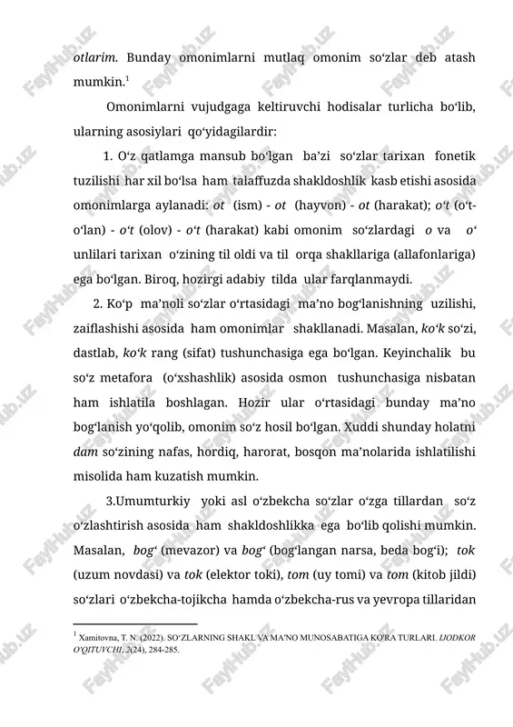 agi buyruq fe’li va boshqalar.[footnoteref:2] [2: vafoyeva, m., & mardonova, f. (2022). so ‘zlarning tuzilishiga ko ‘ra turlari. integration of science, education and practice. scientific-methodical journal, 3(10), 156-160. ] bu so‘zlarga boshqa grammatik qo‘shimchalar qo‘shilganda bir-birlaridan tamomila ajralib, omonimlik yo‘qoladi. masalan: oqaray, oqarsin - oqaradi, oqarsan; yozning, yozni, yozga, yozda, yozdan - yozay, yozgin, yozsin kabi holatlarda omonimlik mavjud emas. 3. omofonlar fonetik tarkibi ma’lum tovush bilan farqlanadigan, lekin talaffuzda shakldosh bo‘lib qoladigan so‘zlardir. omofonlardagi o‘zaro farq ular tarkibidagi bitta fonemada bo‘ladi va ular, asosan, jarangli va jarangsiz juftliklar va hosil bo‘lish o‘rniga ko‘ra yaqin bo‘lgan tovushlarning talaffuzda bir xillik kasb etishida ko‘zga tashlanadi. masalan, sud - sut, tanbur - tambur, tub-tup , yetdi - yetti kabi so‘zlar talaffuzi omofonlarni yuzaga keltiradi. 4. omograflar yozilishi bir xil bo‘lgan shakldosh so‘zlardir. omograflar ma’nosi va fonetik tarkibi, talaffuzi jihatidan boshqa - boshqa, faqat yozilish shakli jihatdan bir xil bo‘lgan so‘zlardir. masalan, tol …
