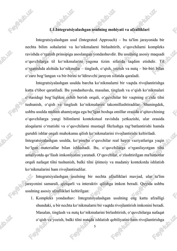 da ishlatishni o‘rganadilar. 5. yangi o‘qitish metodlarini qo‘llash imkoniyati: integratsiyalashgan usulda o‘qituvchilar yangi metod va texnologiyalarni qo‘llash orqali o‘quvchilarni yanada qiziqarli va samarali o‘rganishga yo‘naltiradilar. misol uchun, multimediya resurslari, interaktiv mashg‘ulotlar va boshqa o‘qitish vositalari orqali o‘quvchilar uchun ilg‘or ta'lim muhitini yaratish mumkin. bu esa o‘quvchilarning o‘zlashtirish jarayonini yanada samarali qiladi. 6. shaxsiy yondashuv: integratsiyalashgan usulda o‘quvchilarning individual xususiyatlari va ehtiyojlari inobatga olinadi. o‘qituvchi har bir o‘quvchining qiziqishlari, ehtiyojlari va tayyorgarlik darajasini hisobga olgan holda, ta'limni tashkil etadi. bu o‘z navbatida o‘quvchilarning o‘zlariga mos usulda bilim olishlariga yordam beradi. integratsiyalashgan usul ta'lim jarayonini yanada samarali va qiziqarli qilishda muhim rol o‘ynaydi. ushbu usulning afzalliklari, o‘quvchilarga til ko‘nikmalarini kompleks ravishda rivojlantirishga yordam beradi va ularni real hayot vaziyatlariga tayyorlaydi. integratsiyalashgan yondashuvning ta'lim jarayoniga qo‘llanilishi o‘quvchilarni faollashtiradi, o‘zlashtirish jarayonini tezlashtiradi va ularning ijtimoiy kommunikatsiya ko‘nikmalarini oshiradi. shu sababli, integratsiyalashgan usulda tinglashni o‘rgatishning o‘rni katta va uning ta'lim tizimidagi ahamiyati tobora ortib bormoqda. …