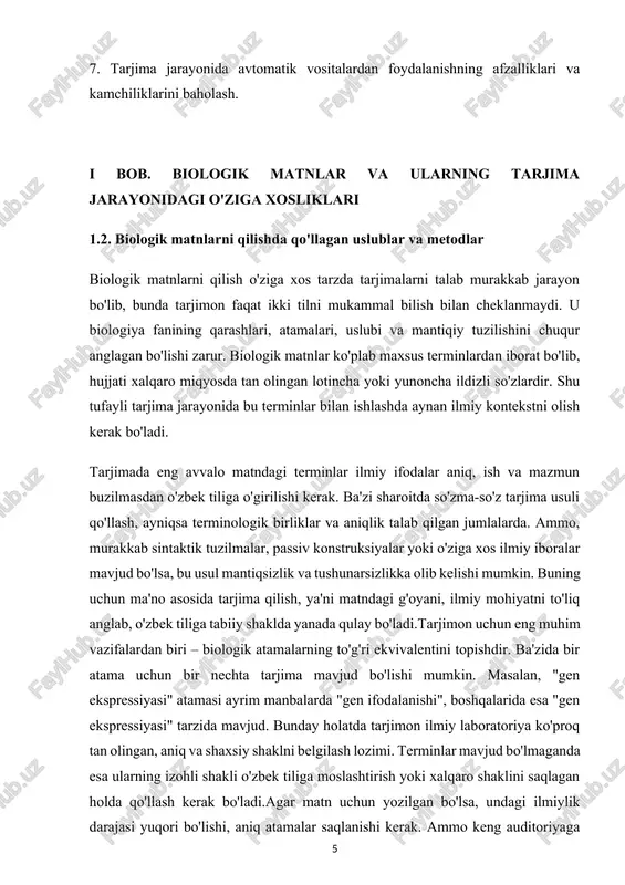 maviy tarjima jarayonini soddalashtirish, terminologik uslubni saqlashga yordam beradi. ammo bu texnik tarjimon fikrlash, bilim darajasi va rivojlanishining o'rnini bosa olmaydi. kerakli, bi matnlar kabi murakkab sohalarda har kontekstga qarab tarjima, shuning uchun ana inson tafakkuri tuzilmasini hal qilib qo'ygan narsaga ega.biologik matnlarni tarjima qilish tilshunoslikdan soha bo'yicha chuqur bilimni talab qiladi. biologiyada qo'llagan terminlar, struktura passiv gaplar, grafikalar bilan bog'liq ifodalar, statistik atamalar kabi materiallar tarjimada alohida e'tiborni talab qiladi. karimova, n. (2020). ilmiy matnlar tarjimasi nazariyasi va amaliyoti . toshkent: fan nashriyoti. biologik matnlarni yaratishda qo'shimcha tarjima qilingan tarjimalar, so'zma-so'z tarjimasi, ma'no asosidagi tarjima, terminologik moslashtirish, kontekstual tizim va funksiyalarni yaratish mavjud. ayrim sharoitida so'zma-so'z tarjima foydali bo'lishi mumkin. yana, aniqlik muhim bo'lgan ilmiy ta'riflar, standart atamalar va jarayonlar uchun. masalan, fransuzcha jumla: fransuzcha: la cellule est l'unité de base de tous les êtres vivants. o'zbekchasi (so'zma-so'z): hujayra barcha tirik mavjudotlarning asosiy birligidir. bu yerda har bir so'zo'zbek …