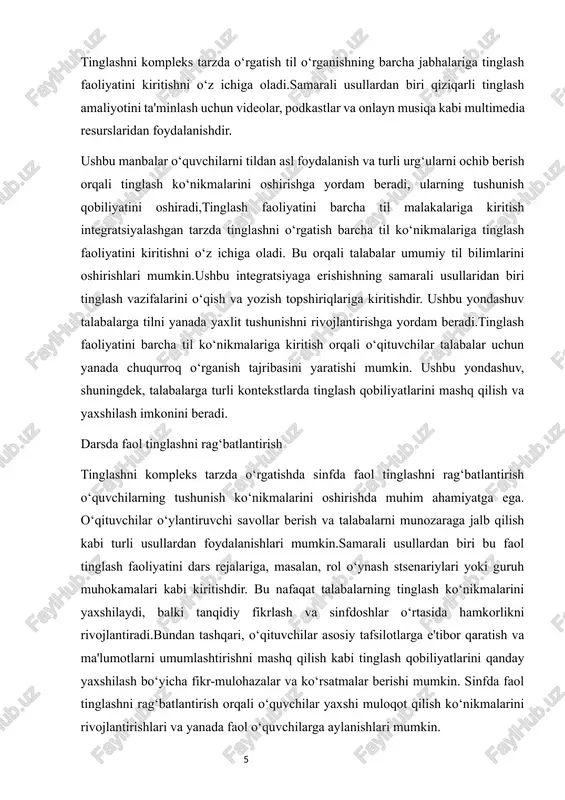 balar uchun yanada chuqurroq o‘rganish tajribasini yaratishi mumkin. ushbu yondashuv, shuningdek, talabalarga turli kontekstlarda tinglash qobiliyatlarini mashq qilish va yaxshilash imkonini beradi. darsda faol tinglashni rag‘batlantirish tinglashni kompleks tarzda o‘rgatishda sinfda faol tinglashni rag‘batlantirish o‘quvchilarning tushunish ko‘nikmalarini oshirishda muhim ahamiyatga ega. o‘qituvchilar o‘ylantiruvchi savollar berish va talabalarni munozaraga jalb qilish kabi turli usullardan foydalanishlari mumkin.samarali usullardan biri bu faol tinglash faoliyatini dars rejalariga, masalan, rol o‘ynash stsenariylari yoki guruh muhokamalari kabi kiritishdir. bu nafaqat talabalarning tinglash ko‘nikmalarini yaxshilaydi, balki tanqidiy fikrlash va sinfdoshlar o‘rtasida hamkorlikni rivojlantiradi.bundan tashqari, o‘qituvchilar asosiy tafsilotlarga e'tibor qaratish va ma'lumotlarni umumlashtirishni mashq qilish kabi tinglash qobiliyatlarini qanday yaxshilash bo‘yicha fikr-mulohazalar va ko‘rsatmalar berishi mumkin. sinfda faol tinglashni rag‘batlantirish orqali o‘quvchilar yaxshi muloqot qilish ko‘nikmalarini rivojlantirishlari va yanada faol o‘quvchilarga aylanishlari mumkin. turli xil o‘quvchilar uchun tabaqalashtirilgan tinglash vazifalari tinglashni kompleks tarzda o‘rgatish o‘quvchilarning barcha ehtiyojlarini qondirish uchun turli xil vazifalarni o‘z ichiga oladi. differentsial tinglash vazifalarini …