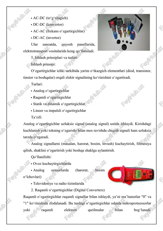 iqlik bilan pasaytirish vazifasini bajaradi qo‘llanilishi: · kuchlanish stabilizatorlarida · tibbiy elektronikada · sezgir elektron asboblarda 6. impulsli o‘zgartirgichlar (switching converters) impulsli o‘zgartirgichlar kirish energiyasini yoqish/o‘chirish (on/off) tartibida impulsli tarzda boshqaradi va chiqish signalini kerakli shaklga aylantiradi. ular yuqori samaradorlikka ega. energiya uzatilishini tezlik bilan yoqib-o‘chirib, kuchlanish yoki tokni samarali tarzda o‘zgartirish. qo‘llanilishi: · kompyuter quvvat bloklari · mobil qurilmalar zaryadlovchilari · quyosh paneli invertorlarida · chastota boshqaruvchisida · avtomatika va robototexnika: energiyani nazoratli yetkazib berish. · zamonaviy elektr transport vositalari: batareyadan keluvchi kuchlanishni o‘zgartirish. · sanoat korxonalari: katta quvvatli uskunalarning barqaror ishlashi uchun. · telekommunikatsiya tizimlari: signal kuchlanishini moslashtirish. · uy xo‘jaligi texnikalari: televizor, kompyuter, sovutkich va boshqa qurilmalarda. xulosa kuchlanish, tok va quvvat o‘zgartirgichlari zamonaviy elektronika, energetika va avtomatika tizimlarining ajralmas qismlaridan biridir. ular elektr energiyasini mos shaklga keltirish, uzatish va boshqarishda muhim rol o‘ynaydi. bu o‘zgartirgichlar tufayli turli qurilmalarning xavfsiz va samarali ishlashi ta'minlanadi. ushbu referatda biz …