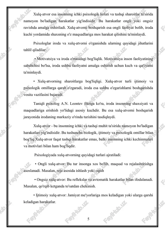 hqarishga yordam beradi va xulq-atvorni tartibga soladi 3. moslashuvchanlik: iroda shaxsga yangi vaziyatlarga moslashishda yordam beradi va xulq-atvorni muvofiqlashtiradi. masalan, biror maqsadga erishish uchun insonning iroda kuchi yetarli bo'lmasa, u taslim bo'lishi yoki noto'g'ri qarorlar qabul qilishi mumkin. shuning uchun iroda kuchini rivojlantirish inson xulq-atvorini ongli va samarali boshqarishda muhim ahamiyat kasb etadi. 1.2.irodaviy boshqaruvning psixologik asoslari va mexanizmlari irodaviy boshqaruv insonning xatti-harakatlarini tartibga solish va maqsadga muvofiqlashtirish mexanizmi sifatida qaraladi. psixologlar irodaviy boshqaruvni quyidagi asosiy bosqichlarda amalga oshirilishini ta'kidlashadi: 1.maqsadni aniqlash. inson o'z oldiga qo'ygan maqsadni aniq belgilaydi va unga erishish yo'llarini rejalashtiradi. 2. qaror qabul qilish. maqsadga erishish uchun qaysi yo'lni tanlash kerakligini hal qilish jarayoni 3. harakatni amalga oshirish. ushbu bosqichda iroda shaxsning tashqi va ichki to'siqlarni yengib o'tishga yordam beradi. irodaviy boshqaruvning samaradorligi quyidagi omillarga bog'liq: • motivatsiya kuchi. qanchalik maqsad muhim bo'lsa, iroda shunchalik mustahkam bo'ladi. • o'z-o*zini nazorat qilish qobiliyati inson o'z hissiyotlarini va …