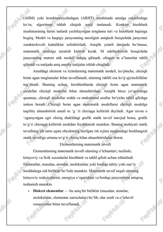 rning reaktivligi, ular o‘rtasidagi bog‘lanishlar va o‘zgarishlar kimyoviy formulalar orqali tasvirlanadi. bu esa yangi birikmalarni yaratish va atomlar o‘rtasidagi bog‘lanishlarni tushunish imkonini beradi. 2. fizikaviy xossalar: elementlarning fizikaviy xossalari, masalan, erish nuqtasi, qaynash nuqtasi, zichlik va boshqa fizik xususiyatlar ular o‘rtasidagi energiya almashinuvi va modifikatsiyalarni tushunishda yordam beradi. bunday tavsiflar atomning qanday harakatlanishini yoki elektronlarning taqsimotini ifodalaydi. 3. nuklear fizikasi: elementlarning yadro xususiyatlari, masalan, radioaktivlik, izotoplar va ularning tabiiy o‘zgarishlari fizikada, ayniqsa, nuklear energiya ishlab chiqarishda katta ahamiyatga ega. muhandislik va texnologiya sohalarida ahamiyati: 1. materialshunoslik: elementlar yangi materiallarni yaratishda asosiy o‘rin tutadi. metallar, polimerlar, keramika va kompozit materiallar ishlab chiqarishda elementlarning xossalari bevosita tasvirlanadi. misol uchun, alyuminiy, temir, va boshqa metallarni bilish va ularning xossalari yengil, kuchli va bardoshli materiallarni ishlab chiqishda yordam beradi. 2. energiya ishlab chiqarish: energiya ishlab chiqarishda elementlar o‘zining fizikaviy xossalari orqali ishlatiladi. masalan, neft, gaz, va boshqa energiya manbalarining kimyoviy tarkibi elementlarning o‘zgarishi orqali …