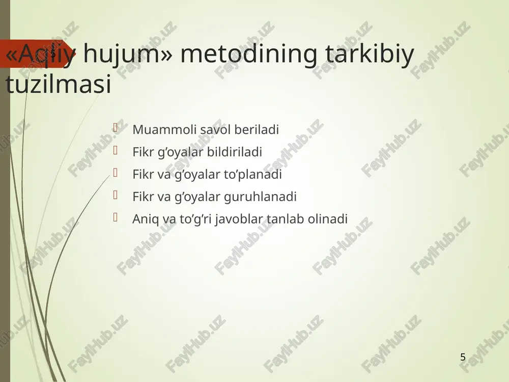 lovchi muammolani aniqlash va tasdiqlash … * * “qanday?” diagrammasi kichik guruhlarga birlashadi, taqqoslaydi, o’zlarining chizmasini to’ldiradi, taqqoslaydi, umumiy chizmaga keltiradi. diagrammani tuzish qoidasi bilan tanishtiriladi. alohida/kichik guruhlarda diagrammani tuzadi. ish natijalarning taqdimoti quyidan yuqoriga bsqichma-bosqich bo’ysinuvchi “qanday?” diagrammasi muamm to’g’risida uuniy tasavvurlarni olish imkonini beruvchi mantiqiy savollar zanjiri. tizimli fikrlash, tuzilmaga keltirish, tahlil qilish ko’nikmalarini rivojlantiradi. * * «qanday?» ierarxik diagrammasi – muammoni yechishning usul va vositalari qanday? … qanday? qanday? qanday? qanday? «qanday?» diagrammasini qurish qoidalari 1. ko’pgina hollarda muammoni yechishda “nima qilish kerak”ligi to’g’risida o’ylanib qolmaslogingiz kerak. asosan muammo, uni yechishda “buni qanday qilish kerak?”, “qanday” asosiy savollar yuzaga kelishidan iborat bo’ladi. “qanday” savollarning izchil berilishi quyidagilar imkonini beradi: muammoni yechish nafaqat bor imkoniyatlarni, balki ularni amalga oshirish yo’llarini ham tadqiq qilishi; quyidan yuqoriga bosqichma-bosqich bo’ysinadigan g’oyalar tuzilmasini aniqlaydi. diagramma strtegik darajadagi savollar bilan ishlashni boshlaydi. muammoni yechishning pastki darajasi birinchi galdagi harakatlarning ro’yxatiga mos keladi. 1. …