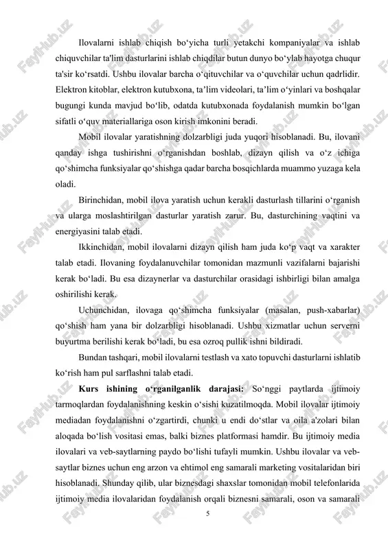 dalanish orqali biznesni samarali, oson va samarali boshqarish uchun foydalaniladi. aqsh smartfon egalarining taxminan 67 foizi har kuni internetga kirish uchun o‘z smartfonlaridan foydalanadi. oxirgi tadqiqotlar shuni ko‘rsatadiki, 2017 yilga kelib ilovalarni yuklab olishlar soni 200 milliardga, mobil ilovalardan keyingi daromad esa 63,5 milliard dollargacha oshadi. ushbu ajoyib raqamlarning sababi smartfon va planshetlar savdosining doimiy o‘sishidadir. nafaqat smartfon va planshetlar sotuvi ko‘paydi, balki o‘rnatilgan mobil ilovalar miqdori ham keskin o‘sdi. internet va global savdo maydoniga doimiy ravishda ulangan mutlaqo yangi turdagi mijozlar bilan muloqot qilish uchun noyob imkoniyatga ega ekanligini ko‘rsatadi. aslini olganda, mobil ilova sizning qo‘lingizda millionlab yangi mijozlarga ega bo‘lish imkonini beradi. kurs ishining maqsadi: web saytlar, interaktiv ilovalar va mobil interfeyslar tashkil etish bosqichlari, foydalanuvchilarga samarali va qulay tajriba taqdim etishni maqsad qiladi. ular quyidagi asosiy maqsadlarni o'z ichiga oladi: foydalanuvchilar interaktiv ilovalar va mobil interfeyslar orqali saytga kirish, ma'lumotlarni izlash, murojaat qilish va amal bajarishda sezilarli …
