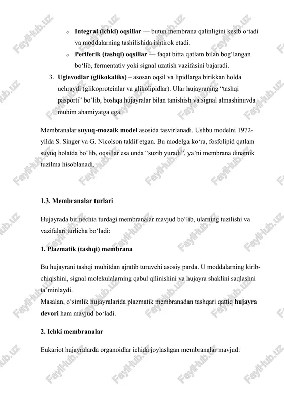 itmaga qarab o‘tish jarayonidir. bu jarayon natijasida osmotik bosim vujudga keladi. osmosning biologik ahamiyati nihoyatda katta. u o‘simlik va hayvon hujayralarining suv balansini saqlaydi, qon plazmasi va to‘qimalar o‘rtasida suv almashinuvini boshqaradi. misollar: · o‘simlik ildizlari tuproqdagi suvni osmos orqali so‘rib oladi. · eritma konsentratsiyasi yuqori bo‘lgan muhitda (masalan, tuzli suvda) o‘simlik hujayrasi suvni yo‘qotadi — bu plazmoliz deb ataladi. · aksincha, suvga solingan hujayra suvni o‘ziga singdirib, shishadi — bu deplazmoliz deyiladi. osmos jarayoni uchun yarim o‘tkazuvchan membrana muhim. bu membrana faqat suv molekulalarini o‘tkazadi, ammo eritilgan modda zarralarini o‘tkazmaydi. 2.4. fasilitatsiyalangan diffuziya (yordamchi diffuziya) ba’zi molekulalar (masalan, glyukoza, aminokislotalar, ionlar) to‘g‘ridan-to‘g‘ri fosfolipid qatlamdan o‘ta olmaydi. shuning uchun ular maxsus tashuvchi oqsillar yoki kanal oqsillari yordamida membrana orqali o‘tadi. bu jarayon fasilitatsiyalangan diffuziya deb ataladi. bu turdagi tashishda ham energiya sarflanmaydi, ammo jarayon oqsillar orqali tezroq amalga oshadi. oqsillar “eshik” yoki “kanal” vazifasini bajaradi. masalan: · glyukoza tashuvchi oqsillar …
