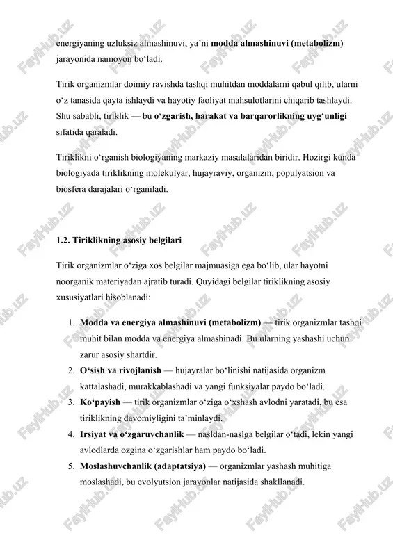 lan, qushlar migratsiyasi). · issiqlik jarayonlari — termoregulyatsiya orqali tananing haroratini muvozanatda ushlab turadi. · akustik to‘lqinlar — aloqa, eshitish va signal uzatishda muhimdir. tiriklikning fizik asosi — bu organizmlarda energiya va axborot oqimlarining boshqaruvini ta’minlovchi mexanizmlar yig‘indisidir. hujayra ichida bo‘ladigan ion oqimlari, elektr potensiallari va molekulyar tebranishlar biologik tizimning hayotiy faoliyatini ushlab turadi. 1.5. tiriklikning axborot (informatsion) asosi tiriklikning eng muhim xususiyatlaridan biri — genetik axborotning mavjudligi va uzatilishi. har bir hujayrada dnk molekulasi shaklida saqlanadigan genetik kod mavjud bo‘lib, u tiriklikni “boshqaruvchi dastur” vazifasini bajaradi. bu axborot: · hujayra ichida oqsillar sintezini nazorat qiladi; · yangi hujayralar bo‘linishida genetik nusxalanish (replikatsiya) jarayonida uzatiladi; · ko‘payish jarayonida ota-onadan avlodga o‘tadi. dnkdagi axborot rnk orqali oqsillarni yaratish uchun tarjima qilinadi (transkripsiya va translatsiya jarayonlari). shu tariqa, axborot oqimi dnk → rnk → oqsil yo‘nalishida amalga oshadi. tiriklikning informatsion asosi organizmlarning barqarorligini, moslashuvchanligini va evolyutsion rivojlanishini ta’minlaydi. 1.6. tiriklikni ifodalovchi umumiy …