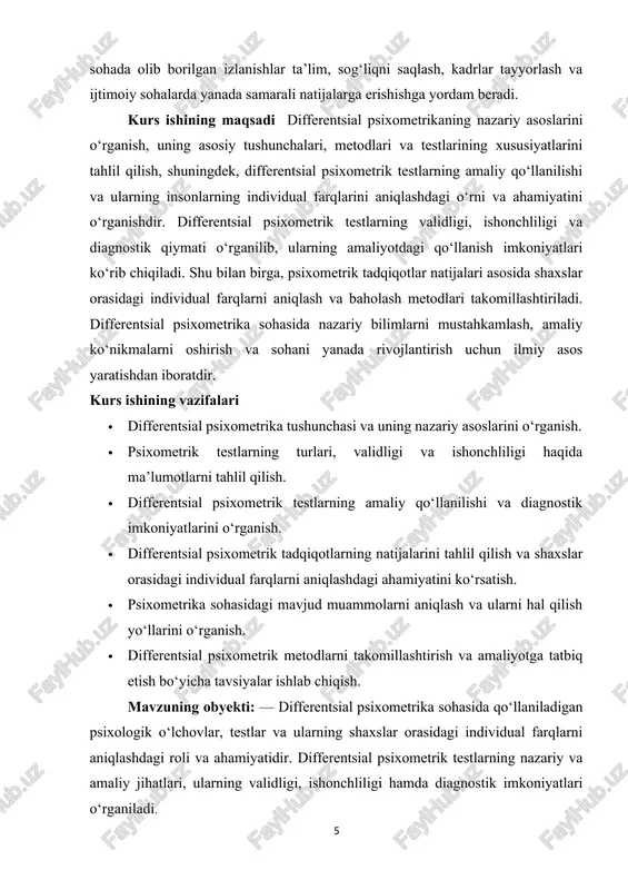 ikaning asosiy maqsadi — psixologik hodisalarni aniq va ishonchli tarzda o‘lchash orqali ularni tahlil qilish va taqqoslashdir. psixometrika so‘zi yunon tilidan kelib chiqqan bo‘lib, “psyche” — ruh va “metron” — o‘lchov degan ma’noni anglatadi. bu fan psixologiya, statistika, matematika va metodologiyaning kesishmasida joylashgan bo‘lib, psixologik testlar, so‘rovnomalar va boshqa o‘lchov vositalarini ishlab chiqish hamda ularni tadqiq etish bilan shug‘ullanadi. psixometrikaning rivojlanishi xix asr oxiri va xx asr boshlariga to‘g‘ri keladi. bu davrda iq testlari, shaxsiyat testlari va boshqa diagnostik vositalar paydo bo‘la boshladi.[footnoteref:2] psixometrikaning asoschilaridan biri sifatida fransis galton, alfred binet, va luis terman kabi olimlarni aytish mumkin. ular insonlarning intellektual qobiliyatlarini o‘lchash uchun birinchi testlarni yaratgan va psixometrik yondashuvni shakllantirishda katta hissa qo‘shganlar. keyinchalik, bu soha rivojlanib, testlarning validligi (haqiqiyligi) va releyabilligi (ishonchliligi) tushunchalari vujudga keldi, bu esa psixometrik vositalarning sifatini ta’minlashda muhim ahamiyatga ega bo‘ldi. [2: anastasi a. “psixologik testlash: nazariya va amaliyot”. – moskva: refl-buk, 2001.] differentsial …