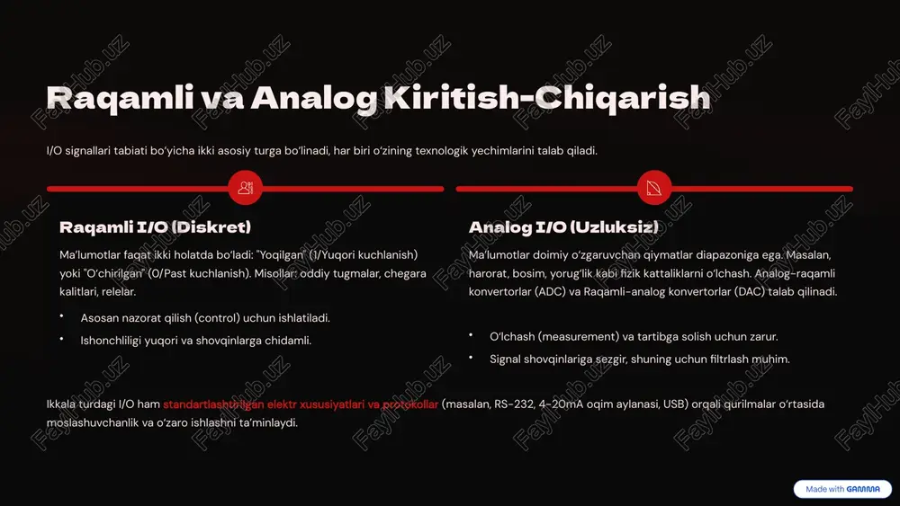 ga aylantiradi. endi ular ikki tomonlama aloqani amalga oshira oladi. bitta sim orqali ulanish io-link uch simli, ekranlanmagan standart kabeldan foydalanadi, bu esa o‘rnatish xarajatlarini kamaytiradi. bitta sim orqali ham jarayon ma’lumotlari, ham qurilma parametrlari uzatiladi. afzalliklar: io-link avtomatik diagnostika qilish, qurilma parametrlarini masofadan sozlash va jarayonlarni avtomatlashtirishda yuqori darajada moslashuvchanlikni ta’minlaydi. bu sanoat 4.0 texnologiyalari uchun asosiy platformalardan biridir. 9 xulosa: i/o tizimlari – kompyuter ishlashining yuragi kiritish-chiqarish tizimlari faqat ma’lumot uzatish vazifasini bajaruvchi oddiy vosita emas, balki har qanday hisoblash tizimining fundamental asosi va tezligi, barqarorligi hamda unumdorligini belgilovchi asosiy komponent hisoblanadi. 1 tizim barqarorligining garovi samarali i/o tizimi cpu yukini kamaytiradi va periferiya qurilmalari bilan ma’lumot almashishda uzilishlarsiz va kechikishsiz ishlashni ta’minlaydi. bu butun tizimning tezligi va barqarorligining kalitidir. 2 avtomatlashtirishning rivojlanishi zamonaviy i/o yechimlari (masalan, io-link, yuqori tezlikdagi pcie) sanoat avtomatizatsiyasi, robototexnika va iiot kabi sohalarni rivojlantirishda markaziy o‘rin tutadi. 3 kelajak istiqbollari kelajakda i/o texnologiyalari …