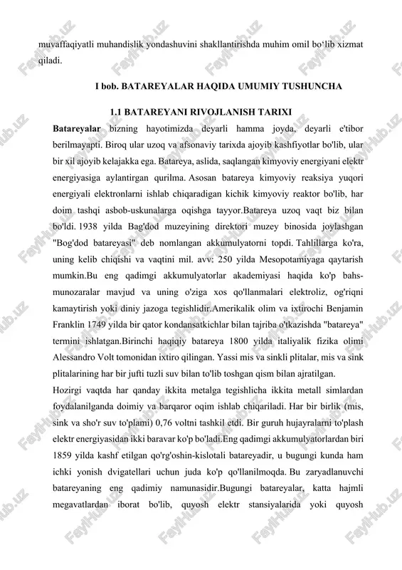 tronlar va kislorod temir oksidi hosil bo'lishiga o'tadi.batareyalarning standart ishlab chiqarilishi turli elektrod potentsiallari bo'lgan ikkita metall yoki aralashmani ishlatish va ularni gözenekli yalıtkanla ajratishdir. elektrot potensiali - tashqi qurilma ulanishi mavjud bo'lganda uzatiladigan atomlar va birikmalarda saqlanadigan energiya.suyuq eritmalar va eruvchan ionlarni suvli eritmalar kabi o'tkazgichli suyuqliklar elektrolit sifatida ma'lum bo'lgan kimyoviy reaksiya natijasida bir metaldan boshqasiga oqib o'tadi. chiqarish vaqtida elektronni yo'qotadigan metall yoki birikma katod deb ataladi va elektronni qabul qiluvchi metall yoki birikma anote deb ataladi. anoddan katotga tashqi ulanishlar orqali elektronlar oqimi bizning elektronikamizni ishlatish uchun ishlatiladi. 1.1-rasm: multisim dasturida batareyalar orqali tuzilgan sxema zamonaviy texnologiyalar hayotimizning ajralmas bo‘lagiga aylangan bir davrda, elektr energiyasi asosiy resurslardan biri hisoblanadi. bu energiyani uzluksiz va portativ tarzda ta’minlab beruvchi manba sifatida batareyalar keng qo‘llaniladi. telefonlardan tortib avtomobillargacha, tibbiyot uskunalaridan tortib sanoat qurilmalarigacha bo‘lgan ko‘plab sohalarda batareyalar muhim o‘rin tutadi. batareyalarning ishlash prinsipi, elektr xossalari va ularni amaliy tarzda …
