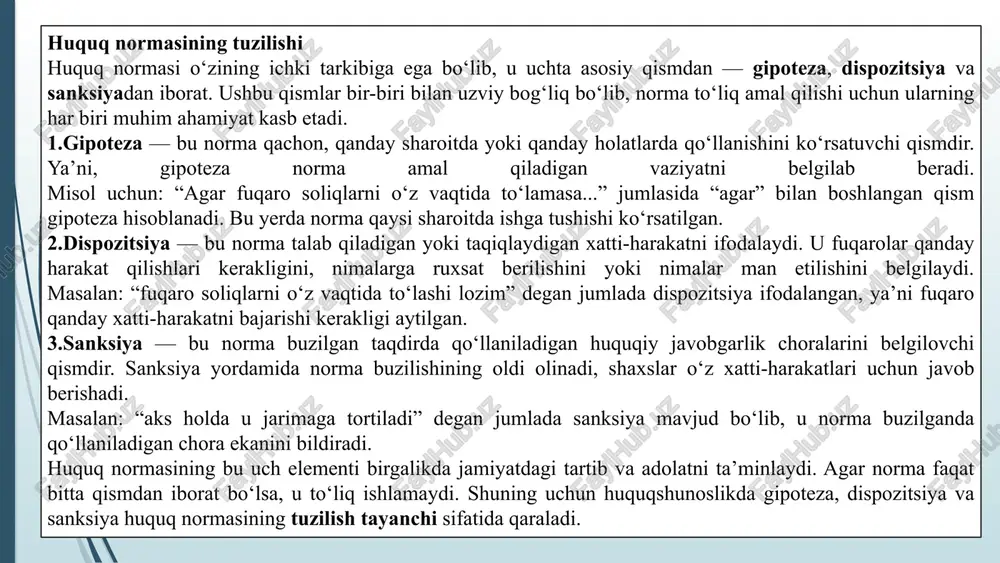 shi, hokimiyat organlari, fuqarolarning asosiy huquq va erkinliklarini belgilaydi. masalan: o‘zbekiston respublikasi konstitutsiyasidagi “har bir inson so‘z erkinligiga ega” degan norma. fuqarolik huquqi normalari – mulk, shartnoma, meros va boshqa fuqarolik munosabatlarini tartibga soladi. mehnat huquqi normalari – ishchi va ish beruvchi o‘rtasidagi mehnat munosabatlarini belgilaydi. jinoyat huquqi normalari – jinoyat deb hisoblangan xatti-harakatlar va jazolarni belgilaydi. ma’muriy huquq normalari – davlat boshqaruvi sohasidagi tartibni belgilaydi. . amal qilish hududi bo‘yicha umumdavlat normalari – butun mamlakat hududida amal qiladi. mahalliy normalar – muayyan viloyat, tuman yoki shahar doirasida amal qiladi. 3. amal qilish doirasi bo‘yicha umummajburiy normalar – barcha fuqarolar, tashkilotlar va davlat organlari uchun majburiydir. maxsus normalar – faqat ayrim toifadagi shaxslar yoki tashkilotlarga nisbatan qo‘llaniladi. masalan: harbiy xizmatchilar uchun belgilangan maxsus tartib-qoidalar. 4. mazmuniga ko‘ra buyruq beruvchi (majburiy) normalar – shaxs ma’lum xatti-harakatni bajarishi shart. masalan: “fuqarolar soliqlarni o‘z vaqtida to‘lashi lozim.” taqiqlovchi normalar – ayrim xatti-harakatlarni man …