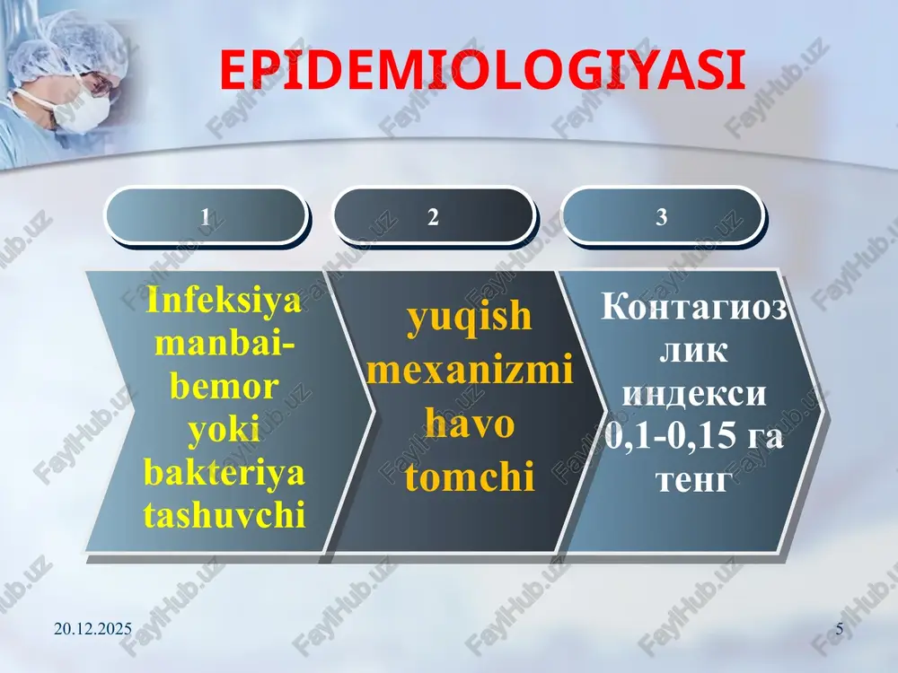 naga yotkizish. og’ir shakllarini davolash ridb (orit) olib borilishi shart. generalizastiyalashgan shakllari – penistillinning natriyli tuzlari katta dozalarda (200-400 ming/kg vazn sutka) xar 4 soat m/o, yarim sintetik penistillinlar. penistillinga sezgir bemorlarga levomistetin sukstinat sutkada 50-100 mg/kg vazn dozasida v/i yoki m/o tavsiya etiladi. dezintoksikastion terapiya - 5-10% glyukoza, reosorbilakt, reopoliglyukin va boshqalar v/i. degidratastion terapiya- laziks, furosemid, diakarb va boshqalar. glyukokortikosteroidlar – prednizolon, deksametazon 1-3 kun davomida. simptomatik terapiya 17.10.2025 31 meningokokkli infekstiyani profilaktikasi bemorlarni va bakteriya tashuvchilar erta alohidalash. bemor aniqlangan jamoada 10 kun muddat davomida xar kungi termometriya va teri, burun-halqum kurigi. muloqotdagilarga – burun-halqumdan 3-7 kun oralatib kamida 2 marta bak.ekma. muloqotdagilarga profilaktika maqsadida 1,5 - 3,0 ml dozada normal immunoglobulin yuboriladi. bemorlar tuliq tuzalgandan so’ng kasalxonadan chiqariladi. aktiv immunizastiya uchun vakstina yuboriladi: a-vakstina (rossiya),v-vakstina, vamegoc bs (kuba), divalent “meningo a+s” franstiya. 17.10.2025 32 e’tiboringiz uchun rahmat! 17.10.2025 33 image2.jpeg image3.png image4.jpeg image5.png image6.png image7.jpeg image8.jpeg …
