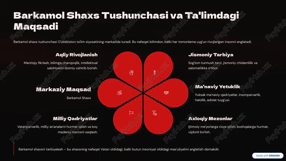 mavjud. bu muammolarni bartaraf etish kelajak avlod uchun sifatli ta'lim olish imkoniyatlarini yanada kengaytiradi. qishloq ta'limi shahar ta'limi o'qituvchi yetishmasligi va sifat tafovutlari asosiy muammolar hududlararo sifat tafovuti (ayniqsa, qishloq maktablarida). ayrim hududlarda yosh, malakali o'qituvchilarning yetishmasligi (kadrlar migratsiyasi). ta'lim infratuzilmasining eskirganligi (ayrim eski maktab binolari). o'qituvchilarning malaka oshirish tizimiga zamonaviy talablarni to'liq joriy etmaslik. taklif etilayotgan yechimlar 1 rag'batlantirish qishloq joylarga ishga borgan o'qituvchilarga maxsus imtiyozlar va yuqori maoshlar joriy etish. 2 malaka oshirish o'qituvchilarning kasbiy ehtiyojlariga moslashtirilgan, amaliyotga yo'naltirilgan zamonaviy kurslarni yaratish. 3 infratuzilma jahon banklari ishtirokida maktab binolarini modernizatsiya qilish, yuqori tezlikdagi internet va raqamli jihozlar bilan ta'minlash. 4 raqamlashtirish ta'lim jarayonlariga boshqaruvdan tortib, o'qitishgacha bo'lgan barcha bosqichlarda raqamli texnologiyalarni keng joriy etish. 8 o'zbekiston ta'lim tizimining kelajagi kelajakdagi ta'lim tizimi yanada shaffof, ochiq va xalqaro miqyosda tan olingan bo'lishi maqsad qilingan. bu jarayonda barkamol shaxsni tarbiyalash millat taraqqiyotining asosiy drayveri bo'lib qoladi. xalqaro standartlar ta'lim sifatini …
