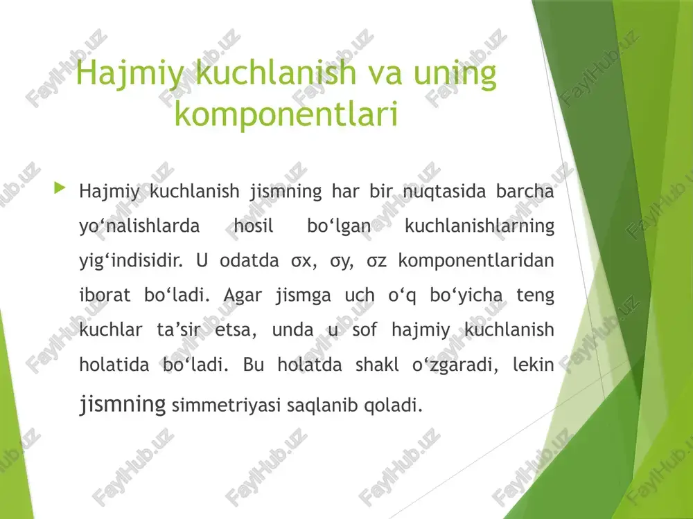deformatsiyalanuvchi jism nuqtalaridagi umumlashgan hajmiy kuchlanish holati - Page 5