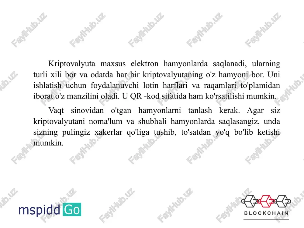 vchi xatolar bo’lishi mumkin. shuningdek 51% li nazariy hujum xavfi ham mavjud. yuqorida ko’rib chiqilganidek, kriptovalyuta chiqarishning eng tarqalgan usuli mayning hisoblanadi. mayning – bu turli murakkablikdagi kriptografik masalalar yechimidir. bitkoin protokolidagi bunday kriptografik masala – nonce deb nomlangan parametr tanlash bo’yicha masala bo’lib, (1.4.1-rasm): u, shakllangan blok sarlavhasiga qo’shilgan bo’lib turib, bits formatida yozilgan nolli bitlar berilgan soni bilan boshlanadigan xesh-kod berardi: bu esa difficulty katta sonidan kichik (<) yoki unga teng (=) bo’lgan xesh olish bilan bir xildir: boshqacha qilib aytganda, shakllangan blokka nonce ning shunday qisqa satrini qo’shish kerakki, hosil bo’lgan xesh-kod bir necha nollardan boshlansin: bunday masalani nonce turli parametrlarining katta sonini qayta tanlash bilan hal qilish mumkin. bu esa ko’p mehnat va katta quvvatlar talab qiladi. ushbu masalani birinchi bo’lib echganlar kriptovalyutaga ega bo’ladi. ushbu kriptografik masalaning to’g’ri echimini tekshirish oson - sha-256 xesh-funksiyasi hisoblash algoritmi yordamida sarlavhasiga nonce ning topilgan parametri qo’shilgan, shakllangan blok …