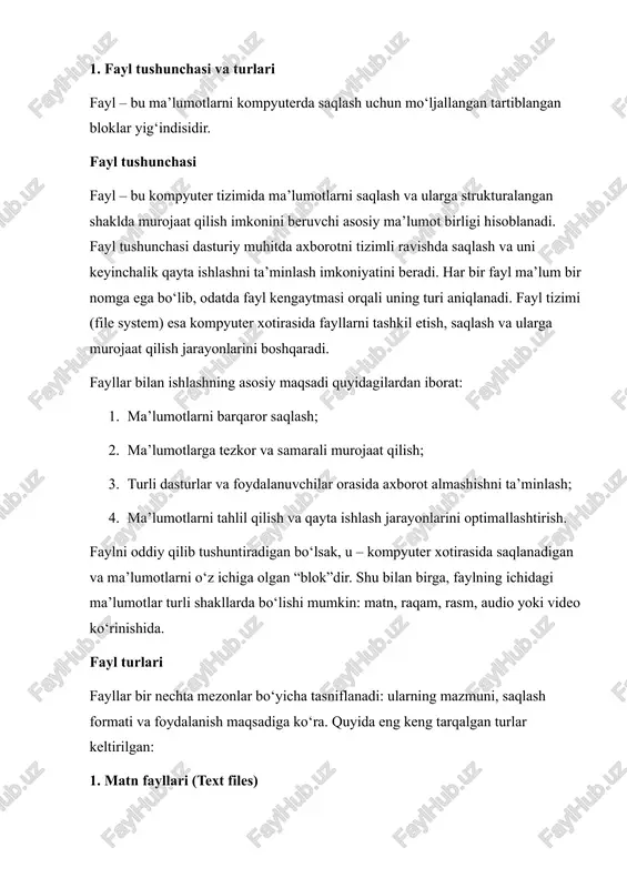 ular har bir baytni aniq belgilangan tartibda saqlaydi. kengaytmalari: .bin, .dat. afzalliklari: · murakkab ma’lumotlarni samarali saqlash; · tezkor kirish va tahlil qilish imkoniyati; · katta hajmdagi ma’lumotlar uchun qulay. kamchiliklari: · inson tomonidan bevosita o‘qilishi qiyin; · ma’lumotlarni tahrirlash uchun maxsus dastur kerak. 3. multimedia fayllar bu turga rasm, audio va video fayllar kiradi. ular asosan foydalanuvchiga vizual yoki eshitish orqali axborot berish uchun ishlatiladi. · rasm fayllari: .jpg, .png, .bmp; · audio fayllari: .mp3, .wav; · video fayllari: .mp4, .avi. afzalliklari: · axborotni vizual yoki eshitish orqali etkazish imkoniyati; · ta’lim, biznes va ko‘ngilochar sohalarda keng qo‘llaniladi. kamchiliklari: · fayl hajmi katta; · maxsus dastur yoki kutubxona orqali ishlash talab etiladi. 4. arxiv fayllar (compressed files) arxiv fayllari bir yoki bir nechta fayllarni siqib, hajmini kamaytirish orqali saqlash imkonini beradi. kengaytmalari: .zip, .rar, .7z. afzalliklari: · fayl hajmini kamaytiradi; · bir nechta fayllarni birlashtirish imkonini beradi. kamchiliklari: · …