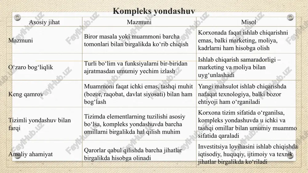 ‘ri ma’lumot olish mumkin. xodimlarning haqiqiy xatti-harakatlarini ko‘rsatadi. 🔹 kamchiliklari: ko‘p vaqt talab qiladi. kuzatish jarayonida sub’ektivlik bo‘lishi mumkin. yashirin kuzatishda axloqiy muammolar tug‘iladi. 🔹 qo‘llanilishi:menejmentda xodimlarning ish faoliyatini baholash.ta’limda o‘quvchilarning darsdagi faoliyatini o‘rganish.sotsiologik tadqiqotlarda jamiyat xulqini kuzatish.marketingda iste’molchilar xatti-harakatlarini tahlil qilish. eksperiment eksperiment usuli – bu hodisa yoki jarayonlarni sun’iy ravishda yaratilgan sharoitda o‘rganish, ularning sabab-oqibat aloqalarini aniqlash imkonini beruvchi ilmiy tadqiqot usulidir. eksperiment orqali muayyan o‘zgaruvchilar boshqariladi va natijaga ta’siri tahlil qilinadi. eksperimentning asosiy maqsadi – yangi g‘oya, yechim yoki jarayonning samaradorligini tekshirish, nazariy taxminlarni amalda sinovdan o‘tkazishdir. uning turlari: laboratoriya eksperimenti – maxsus sharoitlarda, tashqi omillarni cheklagan holda o‘tkaziladi. tabiiy eksperiment – hodisa tabiiy sharoitda, ishtirokchilarga sezilmasdan amalga oshiriladi. modellashtirilgan eksperiment – kompyuter yoki sun’iy modellar yordamida o‘tkaziladi. ijtimoiy eksperiment – jamiyatda yangi tartib, loyiha yoki boshqaruv tizimi sinov tariqasida joriy qilinadi. eksperimentning afzalliklari – sabab-oqibat munosabatini aniq ko‘rsatadi, natijalarni qayta tekshirish mumkin, o‘lchash va taqqoslash imkoniyati …