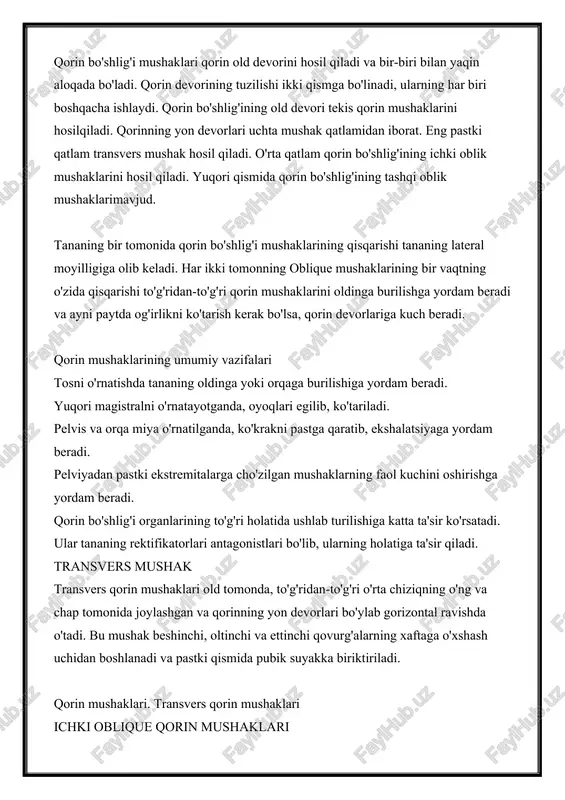 um abdominale deb ataladi, uningta'siri bu organlarning tarkibini defekatsiya, siyish va tug'ilish, shuningdek yo'tal va gijjalar bilan chiqarib yuborishda namoyon bo'ladi. ushbu harakatda diafragma ham ishtirok etadi, bu esa inhalatsiyani kuchaytirganda kamayib, qorin bo'shlig'iga yuqoridan pastgacha bosim o'tkazadi va tos bo'shlig'i diafragma ularga yordam beradi. bundan tashqari, qorin bo'shlig'i mushaklarining ohanglari tufayli ichaklar o'z pozitsiyasida saqlanadi; bu holda qorin bo'shlig'ining mushak-aponevrotik devori qorin bo'shlig'ini ushlab turuvchi rol o'ynaydi. bundan tashqari, qorin mushaklari orqa miya ustunini va magistralni egib, mushaklar antagonistlari bo'lib, ularni kengaytiradi. bu to'g'ridan-to'g'ri mushaklar hosil qiladi, ko'krak va pelvisni bir-biriga yaqinlashtiradi, shuningdek, ikki tomonlama qisqarish bilan obliquely bo'ladi. m. erector spinae bilan birga qorin bo'shlig'i mushaklarining bir tomonlama qisqarishi bilan tanani yon tomonga buring. obliquus externus abdominis va qarama — qarshi tomonida-m. obliquus externus abdominis m. obliquus toraks bilan umurtqa aylanish ishtirok qorin mushaklari. nihoyat, qorin bo'shlig'i mushaklari nafas olish harakatlarida ishtirok etadi: qovurg'alarga biriktirilganda, ular nafas olishni …