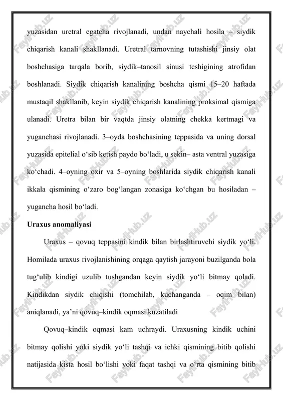 lib uchraydi. to‘liqsiz qo‘shaloq bo‘lganda umumiy bo‘yinchaga va bitta siydik chiqarish kanaliga ega bo‘ladi. ba’zan qovuq bo‘shlig‘ini sagittal yoki frontal yo‘nalishda bo‘lib turadigan to‘liqsiz to‘siq uchraydi. bu anomaliya ikki xonali qovuq deyilib, u qovuq bo‘shalishining buzilishi va surunkali yallig‘lanish rivojlanishi bilan kuzatiladi. bunday nuqsonli rivojlanishni qovuq divertikulidan differensiatsiya qilish kerak. bunday anomaliyaning asosiy klinik simptomi siydikni doimo tuta olmaslikdir. uretrotsistoskopiya qilinganda siydik kanalida uzunasi bo‘yicha yoki qovuq bo‘yinchasi sohasida siydik chiqadigan teshik. yuqoriga ko‘tariluvchi uretrotsistogrammada qovuqning to‘liqsiz qo‘shaloq bo‘lganligining o‘ziga xos rentgenologik ko‘rinishi aniqlanadi. davolash to‘siqni kesib olib tashlashdan iborat. qovuq divertikuli qovuq devorining qopga o‘xshab bo‘rtib chiqishi. bolalarda bu nuqson ko‘pincha tug‘ma, kamroq orttirilgan bo‘ladi. ko‘pincha bitta, kamroq – ko‘p divertikullar aniqlanadi. tug‘ma divertikullarning hosil bo‘lishida qovuq devorining hamma qavatlari ishtirok etadi. ko‘pincha ko‘p divertikullar soxta bo‘lib, bunda shilliq qavatning detruzori mushak taramlari orasidan bo‘rtib chiqadi. u infravezikal obstruksiya va neyrogen qovuqning spinal shakllari natijasida paydo bo‘ladi. odatda, divertikullar …