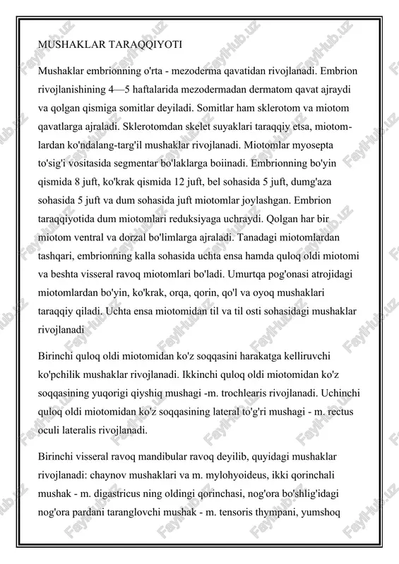 arkaziy qismiga boshqa hujayraning o’tkir uch qismi yopishadi. silliq mushak hujayralari sirtdan sarkolemma bilan qoplangan, unda qalinligi taxminan 7,5 nm ga teng plazmatik membrana va tashqi bazal membrana farq qilinadi. yonma-yon yotgan hujayralarning plazmatik membranalari ba’zi joylarda juda yaqinlashib, tutashish nuqtalarini hosil qiladi. miofibrillalar mushak hujayrasining qisqaruvchi apparatini tashkil etishi sababli ular eng muhim ahamiyatga ega. miofibrillalar skelet mushagiga xos bo’lgan ko’ndalang-targ’illikka ega emas va oddiy mikroskopda bir jinsli ipchalar shaklida ko’rinadi. elektron mikroskop bilan silliq mushak hujayralari o’rganilganda hujayraning butun uzunligi bo’yicha yotuvchi uzluksiz miofibrillalar aniqlangan emas. hujayra sitoplazmasida bo’ylama joylashgan submik-roskopik protofibrillalar mavjud bo’lib, ular tutamlar hosil qilmaydi. protofibrillalar yoki mikrofilamentlarning ikki turi aniqlanadi: aktin va miozin. miozin protofibrillalar diametri 17 mn ga teng bo’lib, yo’g’on protofibrillalardir. aktin mikrofilamentlar nozik bo’lib, qalinligi 7 nm ga teng. ikkala filamentlar ham mushak bo’shashgan holatda burchak hosil qilib yoki hujayra bo’yi bo’yicha joylashgan bo’lib, mushak qisqarganda o’z joylashishini o’zgartiradi. silliq mushak …