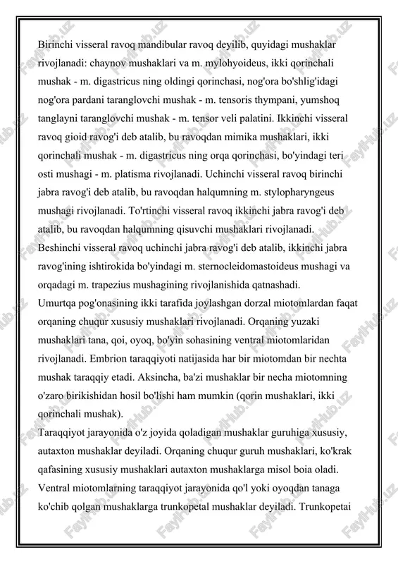 shunday joylashadiki, bir hujayraning markaziy qismiga boshqa hujayraning o’tkir uch qismi yopishadi. silliq mushak hujayralari sirtdan sarkolemma bilan qoplangan, unda qalinligi taxminan 7,5 nm ga teng plazmatik membrana va tashqi bazal membrana farq qilinadi. yonma-yon yotgan hujayralarning plazmatik membranalari ba’zi joylarda juda yaqinlashib, tutashish nuqtalarini hosil qiladi. miofibrillalar mushak hujayrasining qisqaruvchi apparatini tashkil etishi sababli ular eng muhim ahamiyatga ega. miofibrillalar skelet mushagiga xos bo’lgan ko’ndalang-targ’illikka ega emas va oddiy mikroskopda bir jinsli ipchalar shaklida ko’rinadi. elektron mikroskop bilan silliq mushak hujayralari o’rganilganda hujayraning butun uzunligi bo’yicha yotuvchi uzluksiz miofibrillalar aniqlangan emas. hujayra sitoplazmasida bo’ylama joylashgan submik-roskopik protofibrillalar mavjud bo’lib, ular tutamlar hosil qilmaydi. protofibrillalar yoki mikrofilamentlarning ikki turi aniqlanadi: aktin va miozin. miozin protofibrillalar diametri 17 mn ga teng bo’lib, yo’g’on protofibrillalardir. aktin mikrofilamentlar nozik bo’lib, qalinligi 7 nm ga teng. ikkala filamentlar ham mushak bo’shashgan holatda burchak hosil qilib yoki hujayra bo’yi bo’yicha joylashgan bo’lib, mushak qisqarganda o’z …