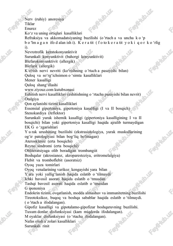 i mener kasalligi quloq shang‘illashi www.ziyouz.com kutubxonasi eshitish nervi kasalliklari (eshitishning o ‘rtacha pasayishi bilan nevrit) otalgiya qon aylanishi tizimi kasalliklari essensial gipertoniya, gipertoniya kasahigi (i va ii bosqich) stenokardiya (reflektor) surunkali yurak ishemik kasalligi (gipertoniya kasalligining i va ii bosqichi) bilan yoki gipertoniya kasalligi haqida ajralib turmaydigan ek g o ‘zgarishlari y u rak urushining buzilishi (ekstrasistologiya, yurak muskullarining og‘ir patologiyasi bilan bog‘liq bo'lmagan) ateroskleroz (erta bosqichi) reyno sindromi (erta bosqichi) obliteratsiyaga olib boradigan trombangiit boshqalar (akrosianoz, akroparesteziya, eritromelalgiya) flebit va tromboflebit (asoratsiz) oyoq yuza tomirlari oyoq venalarining varikoz kengayishi yara bilan y ara yoki yallig‘lanish haqida eslatib o ‘tilmaydi ichki bavosil asorati haqida eslatib o ‘tmasdan tashqi bavosil asorati haqida eslatib o ‘tmasdan g ipononiya endokrin tizimi, ovqatlanish, modda almashuv va immunitetning buzilishi tireotoksikoz, buqoq va boshqa sabablar haqida eslatib o ‘tilmaydi. ( o 'rtach a ifodalangan). gipofiz kasalligi va gipotalamo-gipofizar boshqaruvning buzilishi. tuxum donlar disfunksiyasi (kam miqdorda …