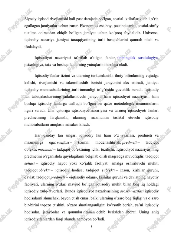 , ularning o’zlari mavjud bo’lgan iqtisodiy muhit bilan bog’liq holdagi iqtisodiy xulq-atvorlari. bunda iqtisodiyot nazariyasining asosiy vazifasi iqtisodiy hodisalarni shunchaki bayon etish emas, balki ularning o’zaro bog’liqligi va o’zaro bir-birini taqozo etishini, o’zaro shartlanganligini ko’rsatib berish, ya’ni iqtisodiy hodisalar, jarayonlar va qonunlar tizimini ochib berishdan iborat. uning aniq iqtisodiy fanlardan farqi shunda namoyon bo’ladi. k.makkonnell va s.bryuning «ekonomiks» darsligida iqtisodiy tahlilning pirovard natijasi bo’lib prinstip (asosiy qoida) va nazariyalarning ishlab chiqilishi hisoblanishi ko’rsatib berilgan. iqtisodiyot nazariyasining vazifasi bo’lib dalil (fakt)larni izohlash va umumlashtirish, ma’lum tizimga keltirish, ya’ni ular o’rtasidagi o’zaro aloqalarni o’rnatib, yaxlit holga keltirish orqali dalillar to’plamiga tartib va mazmun baxsh etish hisoblanadi. shu nuqtai nazardan iqtisodiyot nazariyasi yaxlit fanni namoyon etadi. biroq, u x1x asrning oxiriga kelib ikki oqimga – siyosiy iqtisod va ekonomiksga ajralib, ular tadqiqot vazifalarining qo’yilish xususiyatlari, predmeti va mazmuniga ko’ra farqlanadi. bu erda anatomiya i fiziologiya kabi tabiiy fanlar bilan taqqoslash o’rinlidir (marks kapitalizm …