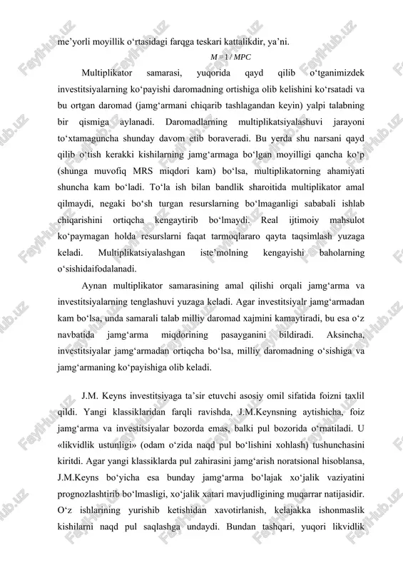 jasidir. o‘z ishlarining yurishib ketishidan xavotirlanish, kelajakka ishonmaslik kishilarni naqd pul saqlashga undaydi. bundan tashqari, yuqori likvidlik moliyaviy aktivlar moliya bozoridagi «o‘yinda» muayyan ustunlik berishi mumkin: qimmatli qog‘ozlarning kursi pasayganda ularni tezda sotib olish uchun naqd pullar asqotadi. kishilarning o‘z uylarida naqd pul zahiralarini ushlab turishi, j.m.keyns bo‘yicha, quyidagi sabablargabog‘liq: · xarid qilish zarurligi (transaktsion motiv) · kutilmagan vaziyat uchun (ehtiyotshartdan) · olib sotarliksababi. birinchi ikkita sababni pulning miqdoriy nazariyasining kembridj varianti tarafdorlari ko‘rsatib o‘tgan. olib sotarlik sababi bozor foiz normasining tebranib turishi bilan bog‘liq. bozorda faqat ikkita moliyaviy aktiv ishtirok etadi, deb faraz qilaylik. ularning biri naqd pullar, ikkinchisi, obligatsiyalar bo‘lib, ulardan keladigan daromadularning nominal qiymatiga nisbatan olingan. bunday obligatsiyalar bo‘yicha olinadigan daromadlarni ularning bozor qiymatiga bo‘lgan nisbati foiz stavkasini belgilaydi. buning ustiga obligatsiyalar kursining va foiz stavkasining o‘zgarishi o‘rtasida teskari bog‘liqlik mavjud: obligatsiyalar qancha qimmat bo‘lsa, foiz shuncha past bo‘ladi va aksincha. endi foiz stavkasi normal darajadan pastga …